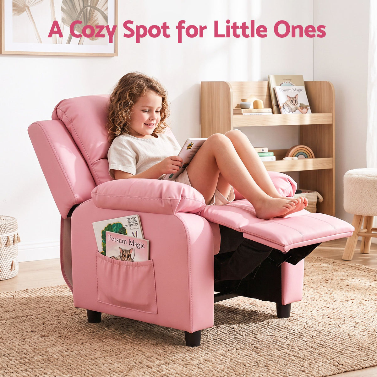 Keezi Kids Recliner Chair PU Leather Toddler Lounge Adjustable Backrest w/ Armrest Storage & 2 Side Pockets Pink Awezingly