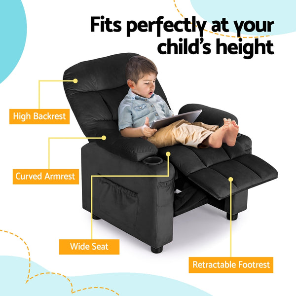 Keezi Kids Recliner Chair Black Velvet Sofa Lounge Couch Children Charis Armchair Keezi