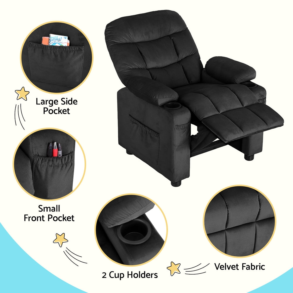 Keezi Kids Recliner Chair Black Velvet Sofa Lounge Couch Children Charis Armchair Keezi
