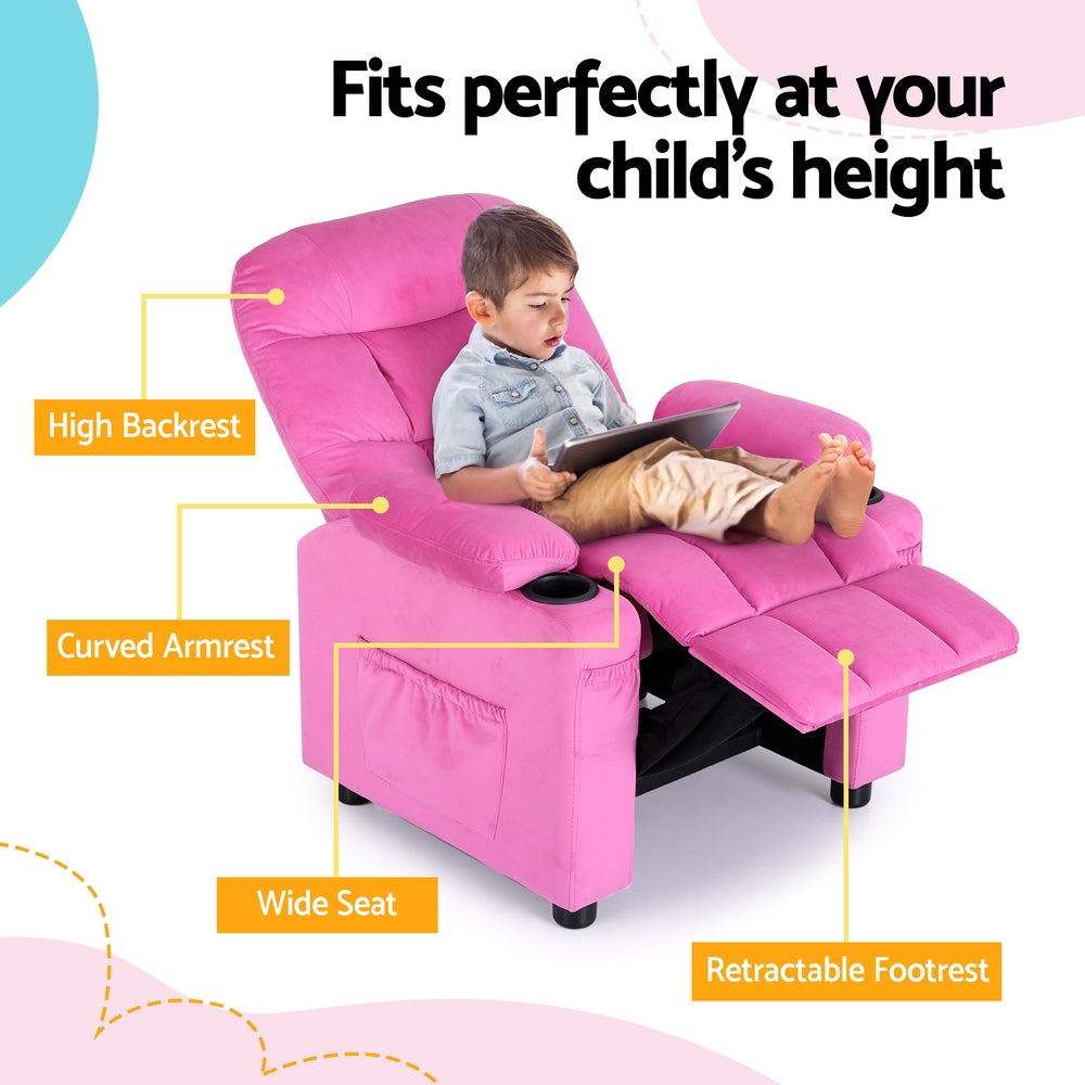 Keezi Kids Recliner Chair Pink Velvet Sofa Lounge Couch Children Charis Armchair Keezi