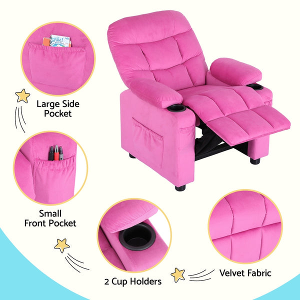 Keezi Kids Recliner Chair Pink Velvet Sofa Lounge Couch Children Charis Armchair Keezi