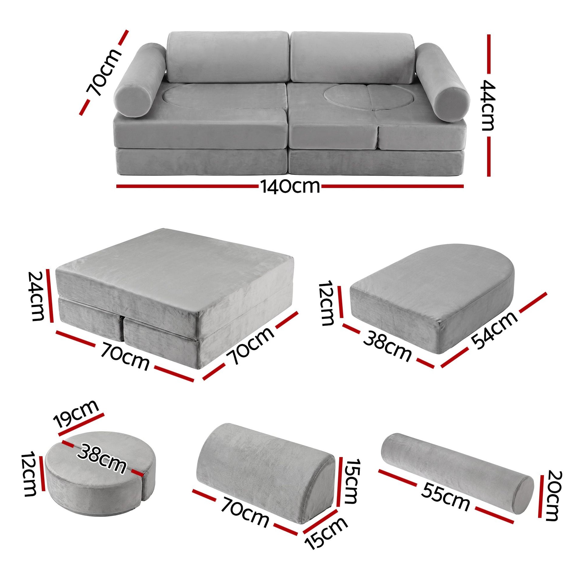 Keezi 12PCS Modular Kids Play Couch Foam Sofa Set with Removable Washable Cover Grey Playroom Awezingly