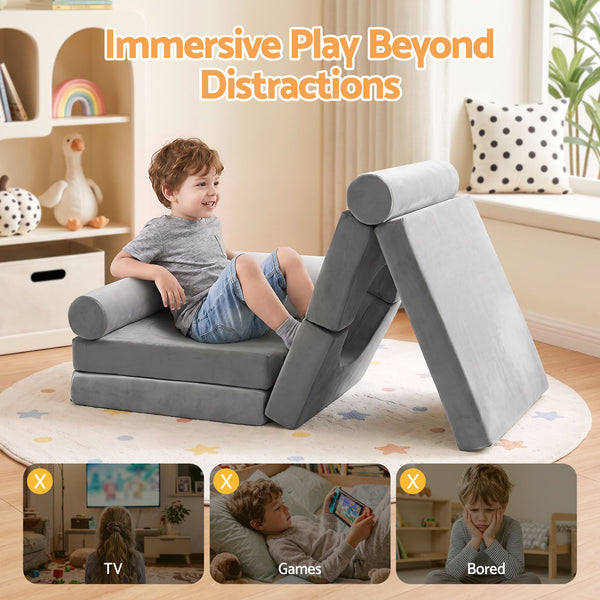 Keezi 12PCS Modular Kids Play Couch Foam Sofa Set with Removable Washable Cover Grey Playroom Awezingly