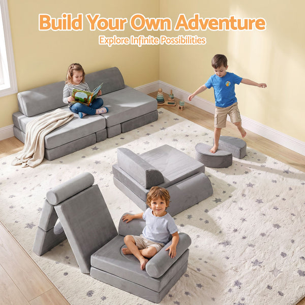 Keezi 12PCS Modular Kids Play Couch Foam Sofa Set with Removable Washable Cover Grey Playroom Awezingly