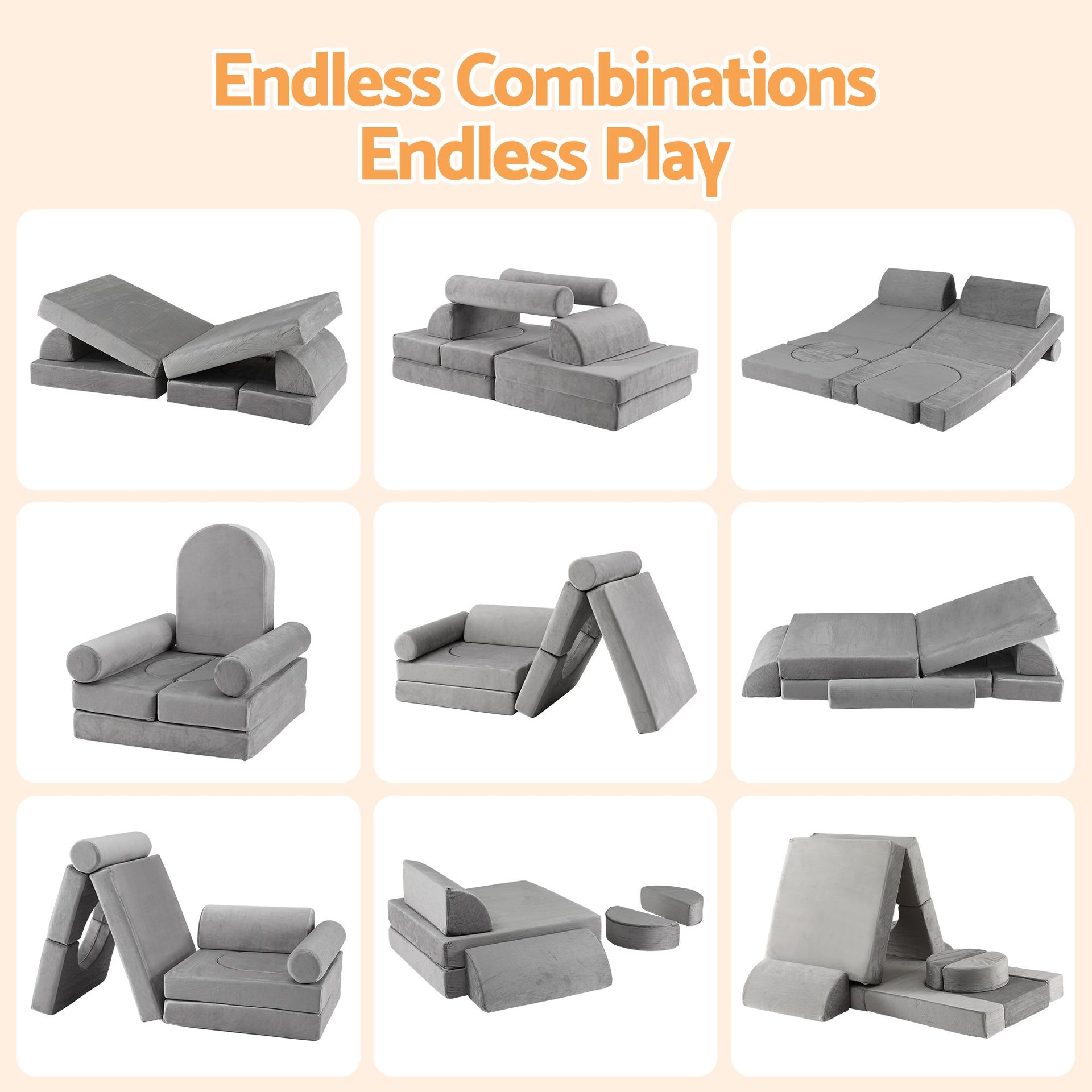 Keezi 12PCS Modular Kids Play Couch Foam Sofa Set with Removable Washable Cover Grey Playroom Awezingly