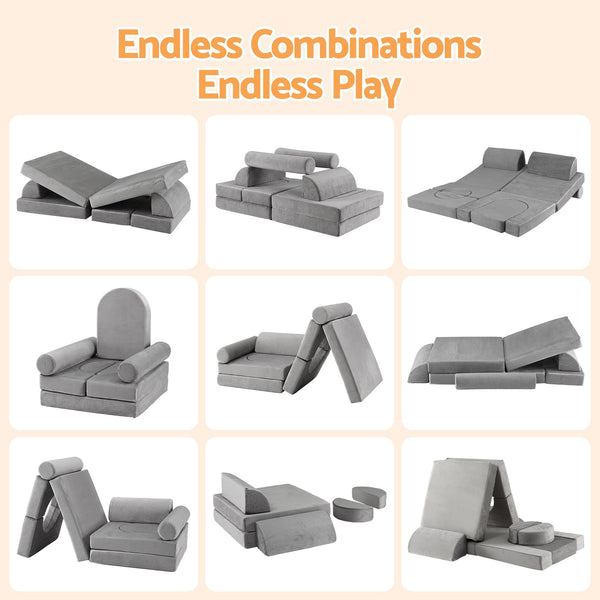 Keezi 12PCS Modular Kids Play Couch Foam Sofa Set with Removable Washable Cover Grey Playroom Awezingly