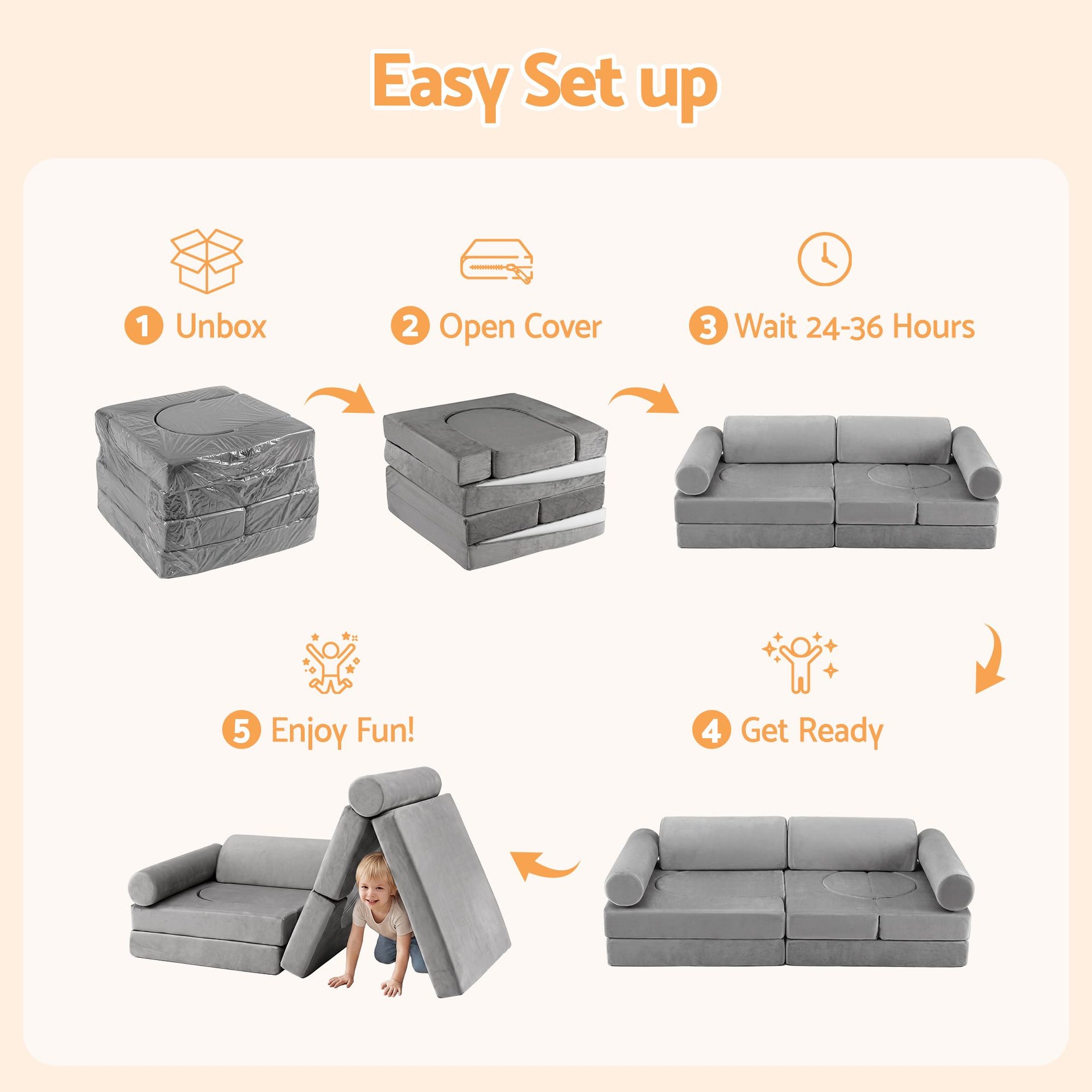 Keezi 12PCS Modular Kids Play Couch Foam Sofa Set with Removable Washable Cover Grey Playroom Awezingly