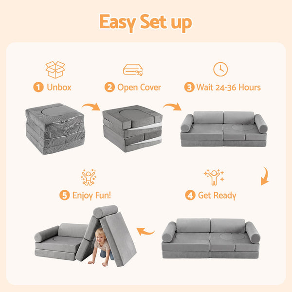 Keezi 12PCS Modular Kids Play Couch Foam Sofa Set with Removable Washable Cover Grey Playroom Awezingly