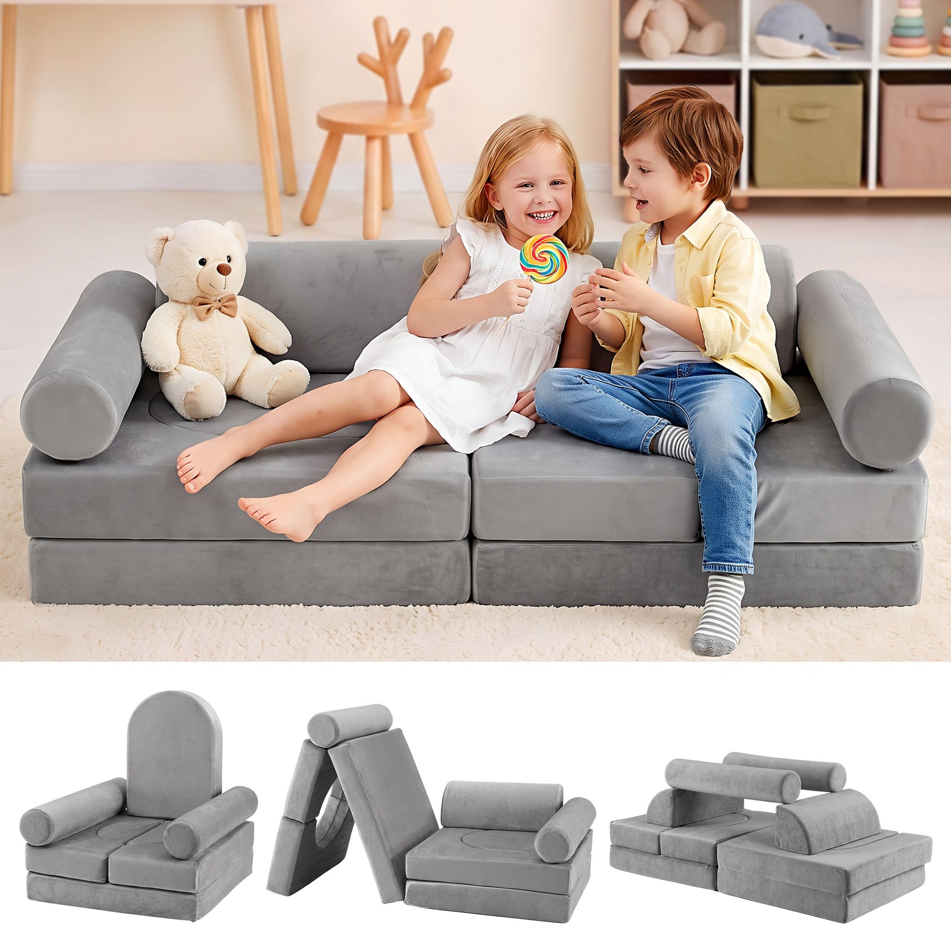 Keezi 12PCS Modular Kids Play Couch Foam Sofa Set with Removable Washable Cover Grey Playroom Awezingly