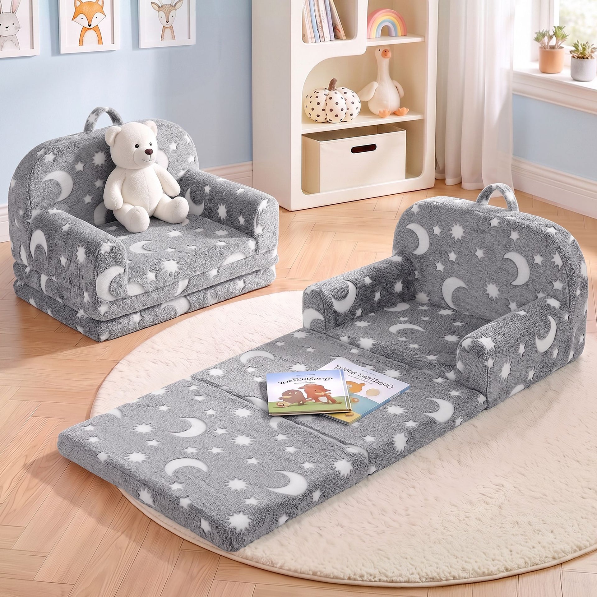 Keezi Kids 2-in-1 Fold Out Sofa Bed with Removable Washable Cover, Carry Handle, Storage Pocket, Glow in the Dark, Grey Awezingly