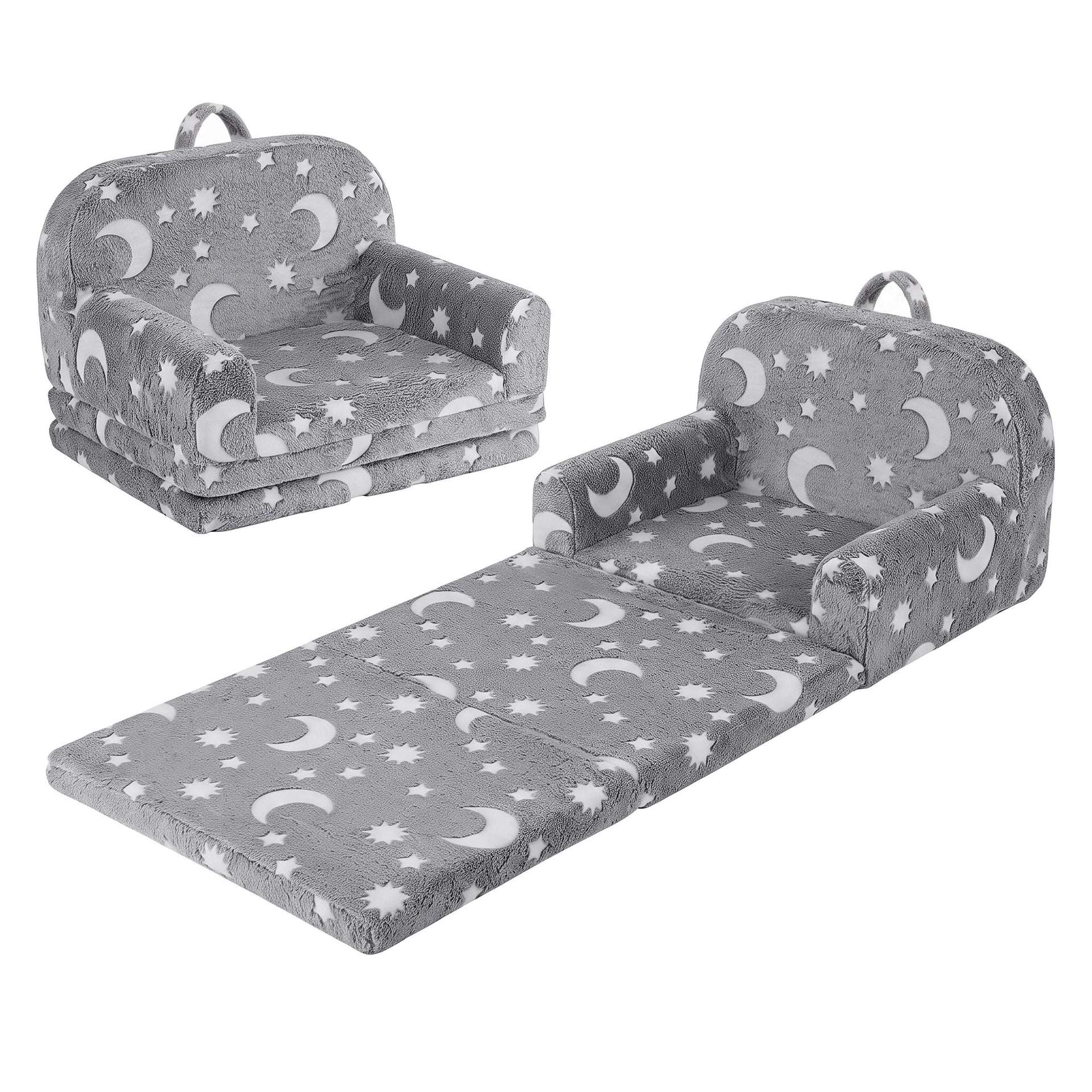 Keezi Kids 2-in-1 Fold Out Sofa Bed with Removable Washable Cover, Carry Handle, Storage Pocket, Glow in the Dark, Grey Awezingly