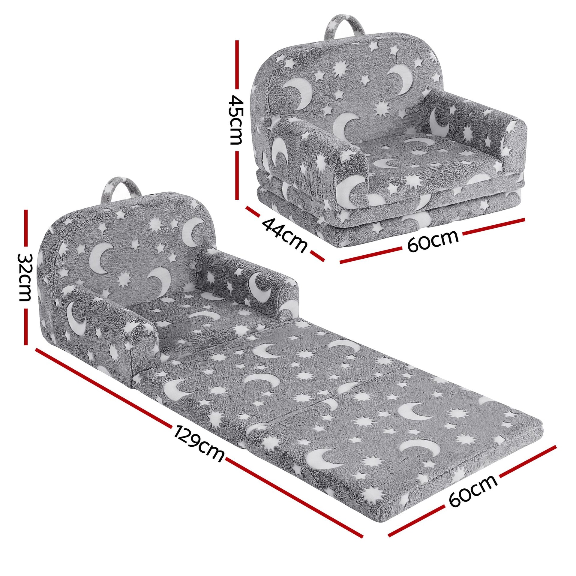 Keezi Kids 2-in-1 Fold Out Sofa Bed with Removable Washable Cover, Carry Handle, Storage Pocket, Glow in the Dark, Grey Awezingly