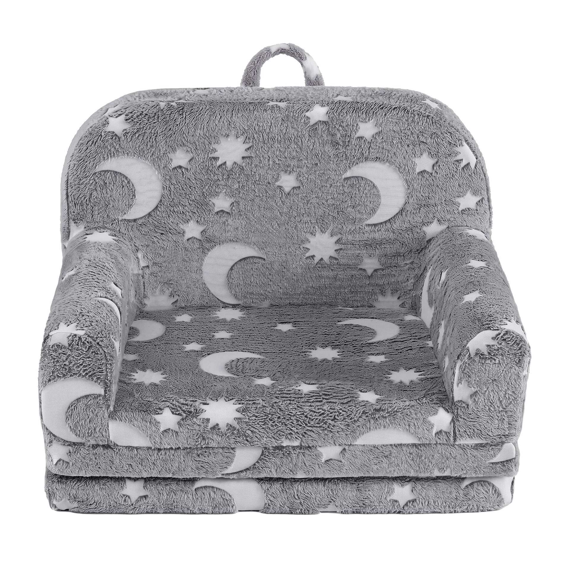 Keezi Kids 2-in-1 Fold Out Sofa Bed with Removable Washable Cover, Carry Handle, Storage Pocket, Glow in the Dark, Grey Awezingly