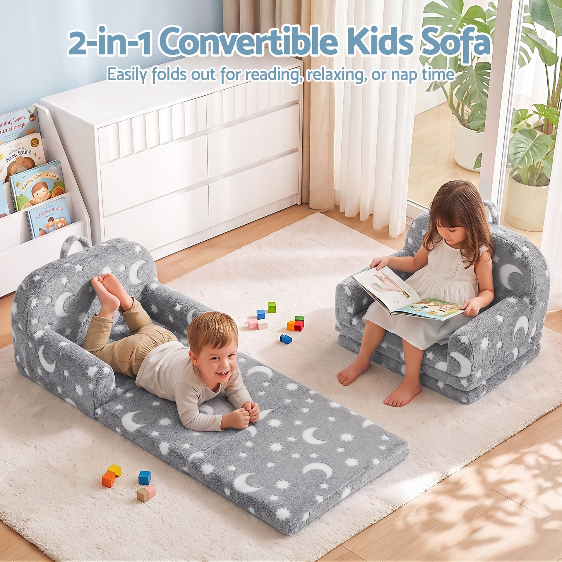 Keezi Kids 2-in-1 Fold Out Sofa Bed with Removable Washable Cover, Carry Handle, Storage Pocket, Glow in the Dark, Grey Awezingly