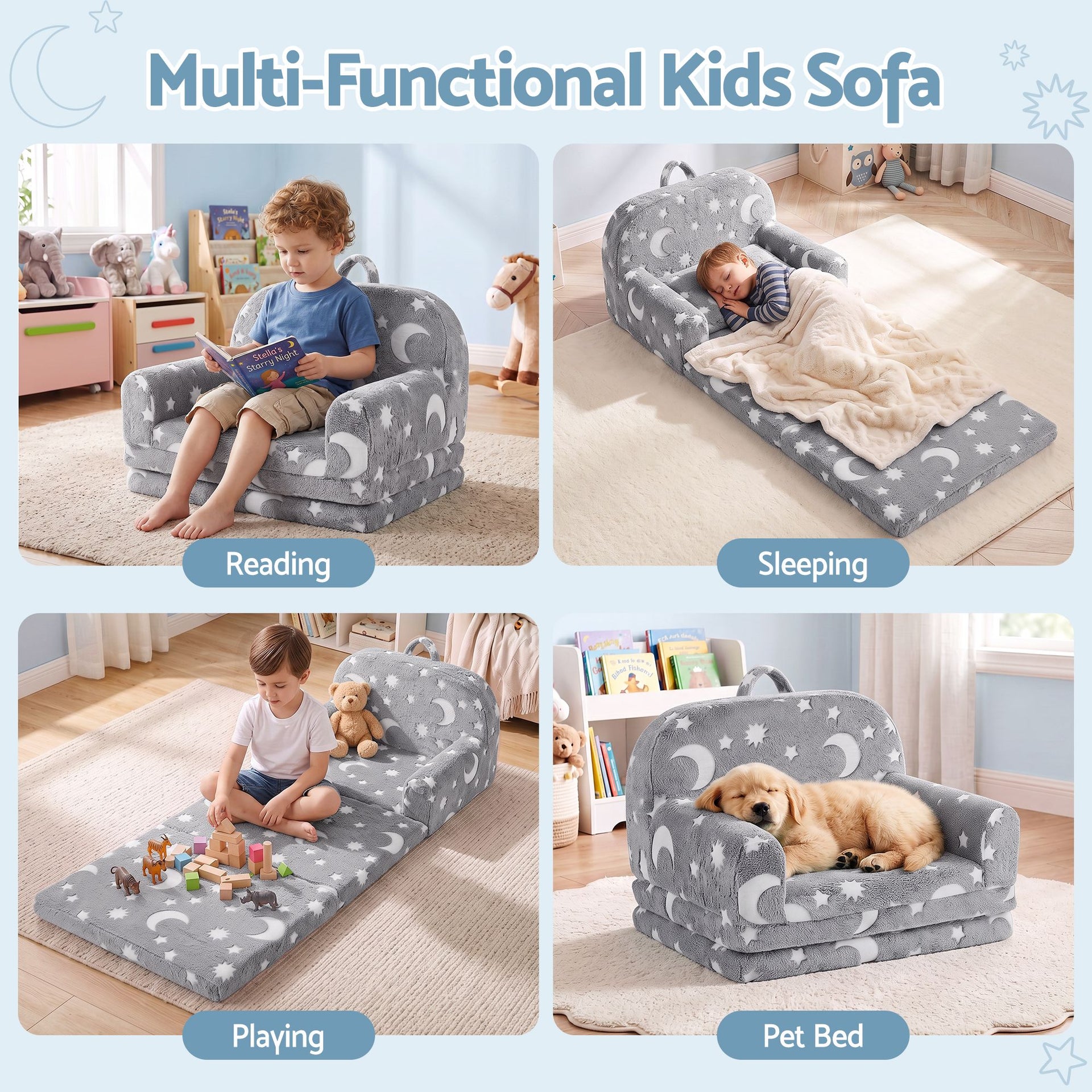 Keezi Kids 2-in-1 Fold Out Sofa Bed with Removable Washable Cover, Carry Handle, Storage Pocket, Glow in the Dark, Grey Awezingly
