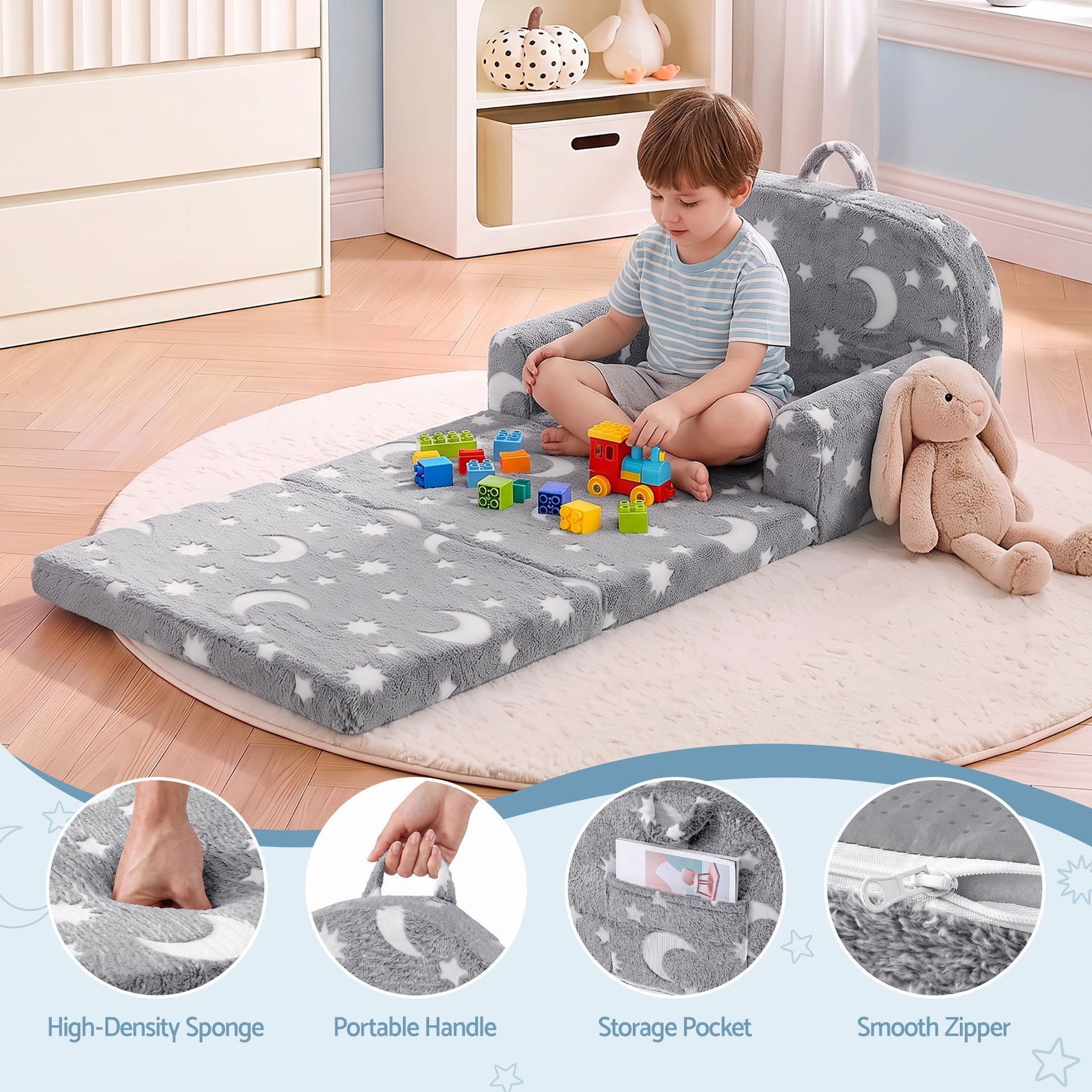 Keezi Kids 2-in-1 Fold Out Sofa Bed with Removable Washable Cover, Carry Handle, Storage Pocket, Glow in the Dark, Grey Awezingly