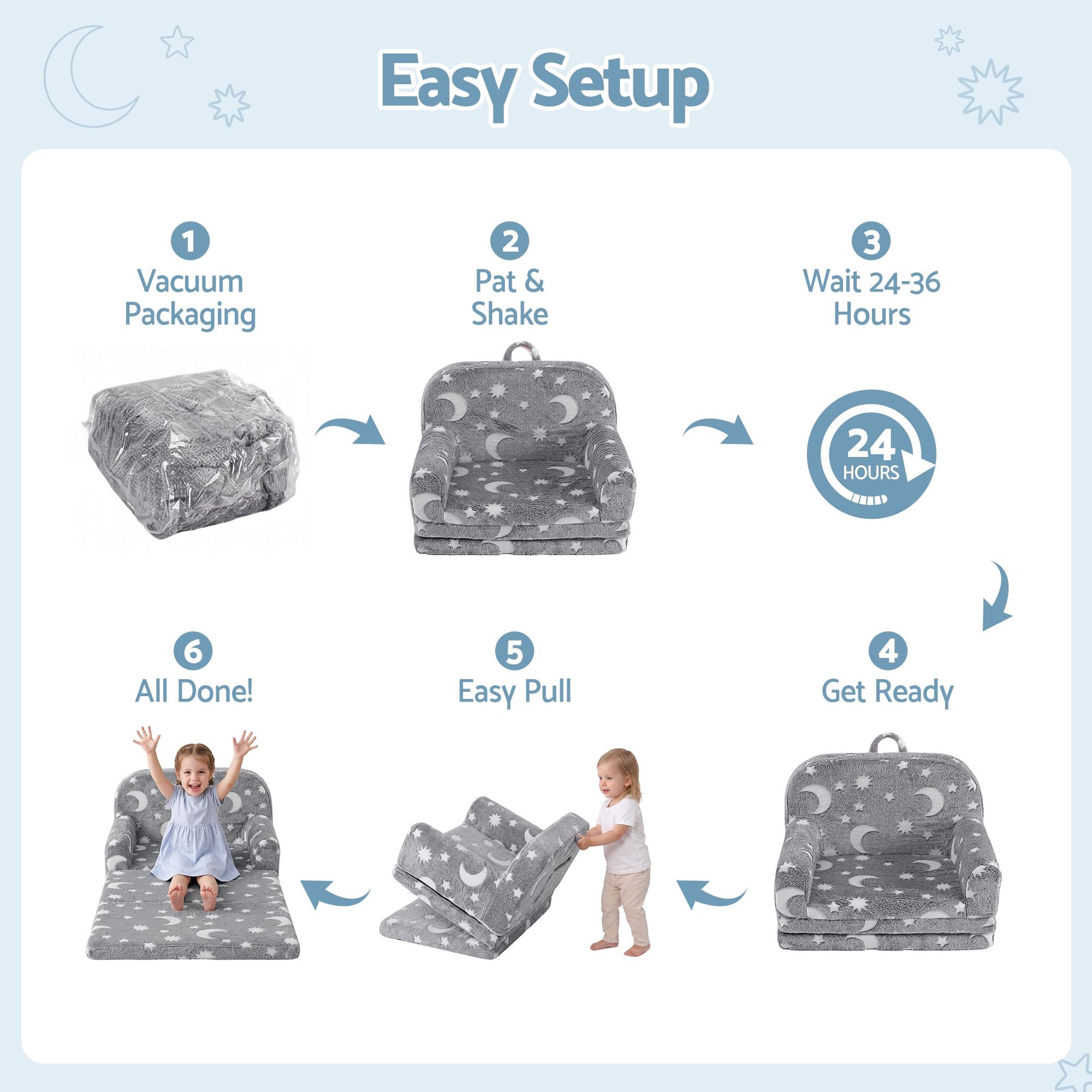 Keezi Kids 2-in-1 Fold Out Sofa Bed with Removable Washable Cover, Carry Handle, Storage Pocket, Glow in the Dark, Grey Awezingly