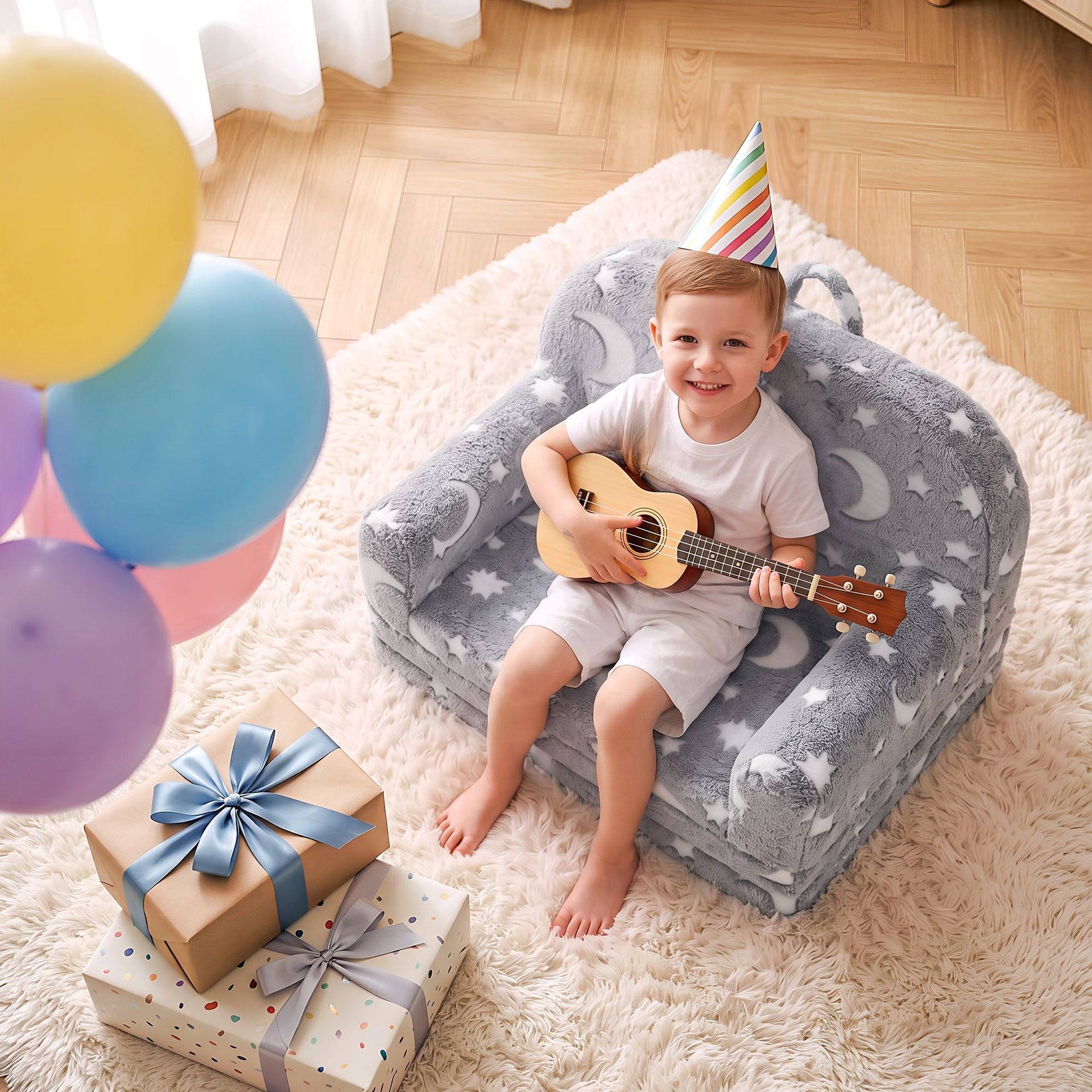 Keezi Kids 2-in-1 Fold Out Sofa Bed with Removable Washable Cover, Carry Handle, Storage Pocket, Glow in the Dark, Grey Awezingly