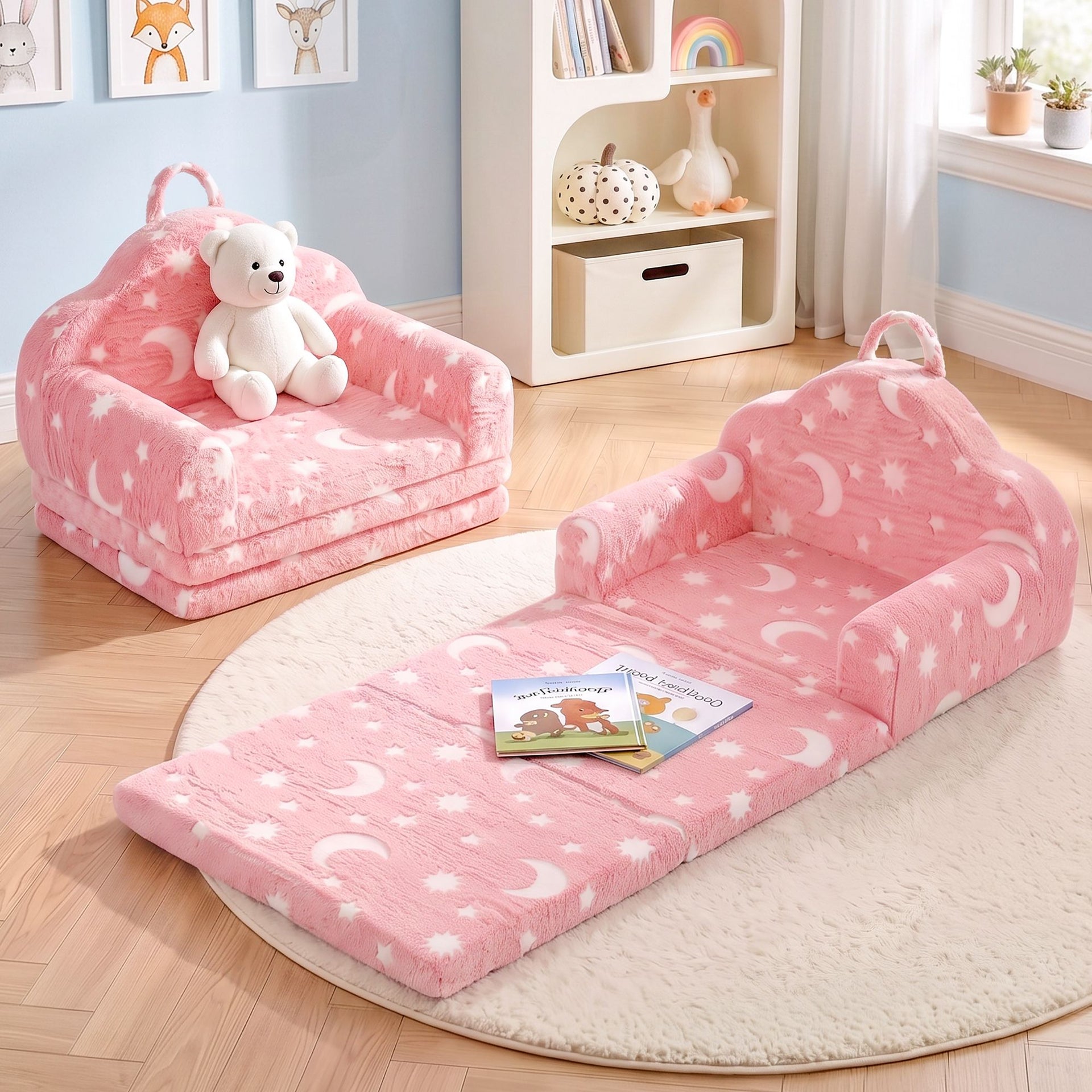 Keezi Kids 2-in-1 Fold Out Sofa Bed with Removable Washable Cover, Carry Handle, Storage Pocket, Glow in the Dark, Pink Awezingly