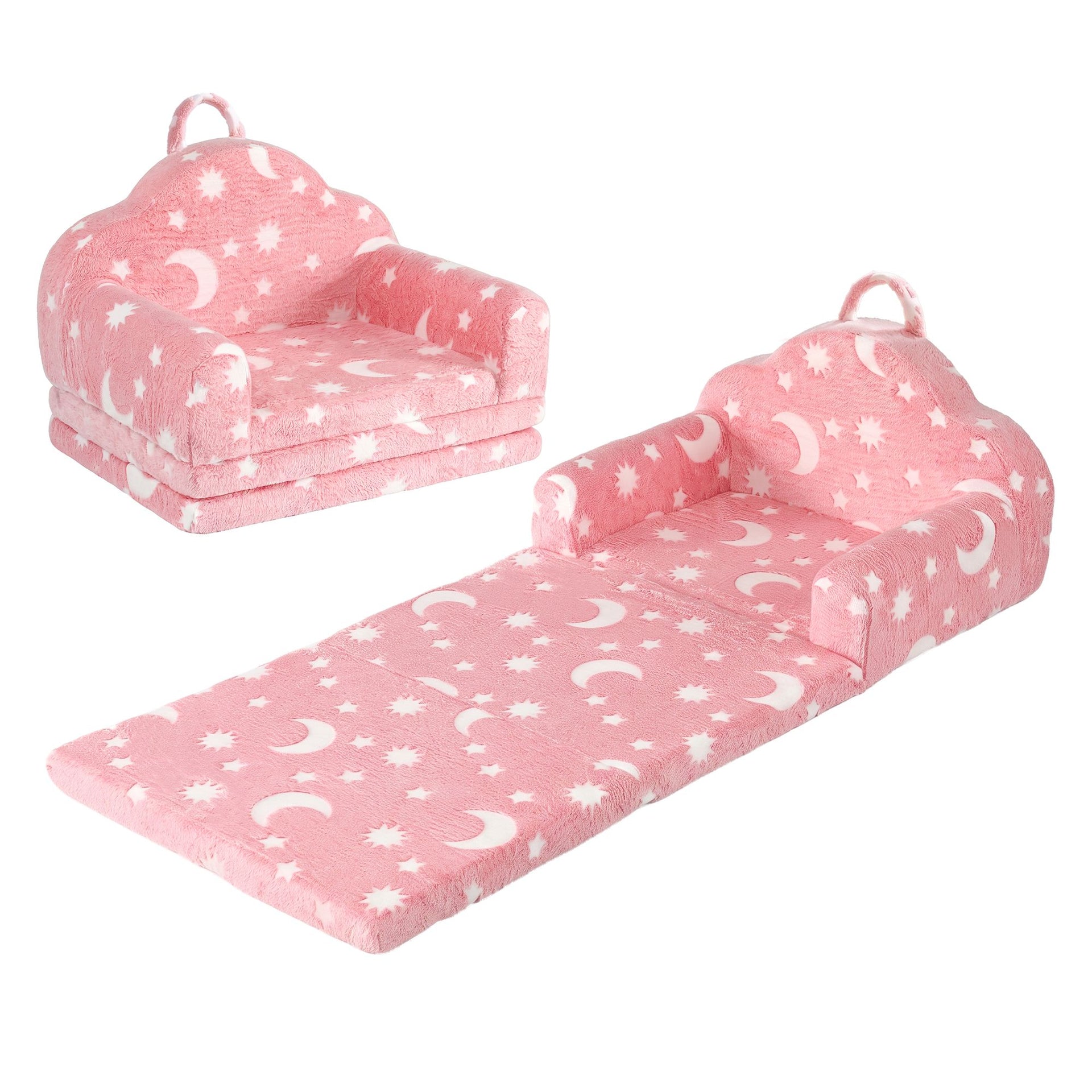 Keezi Kids 2-in-1 Fold Out Sofa Bed with Removable Washable Cover, Carry Handle, Storage Pocket, Glow in the Dark, Pink Awezingly