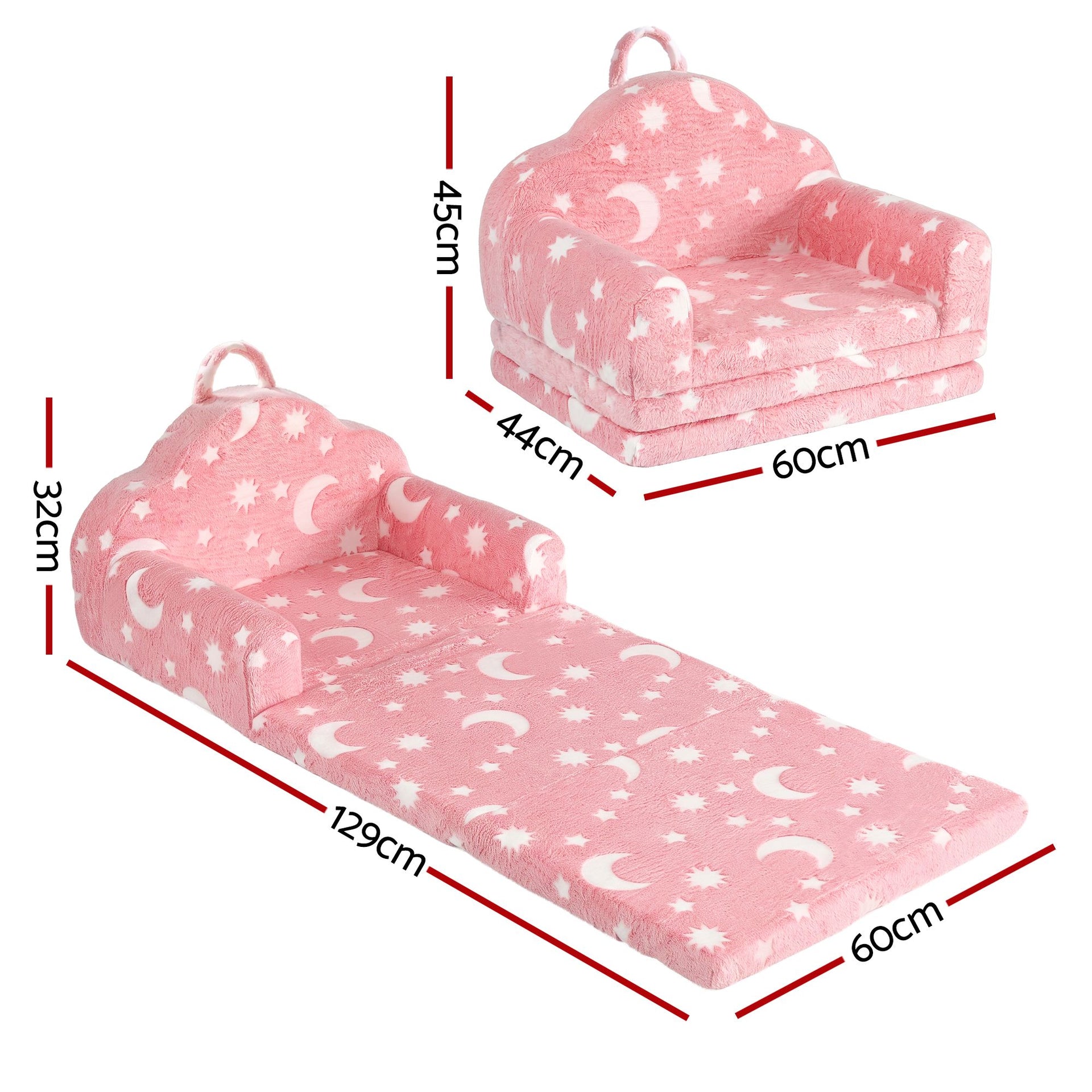 Keezi Kids 2-in-1 Fold Out Sofa Bed with Removable Washable Cover, Carry Handle, Storage Pocket, Glow in the Dark, Pink Awezingly