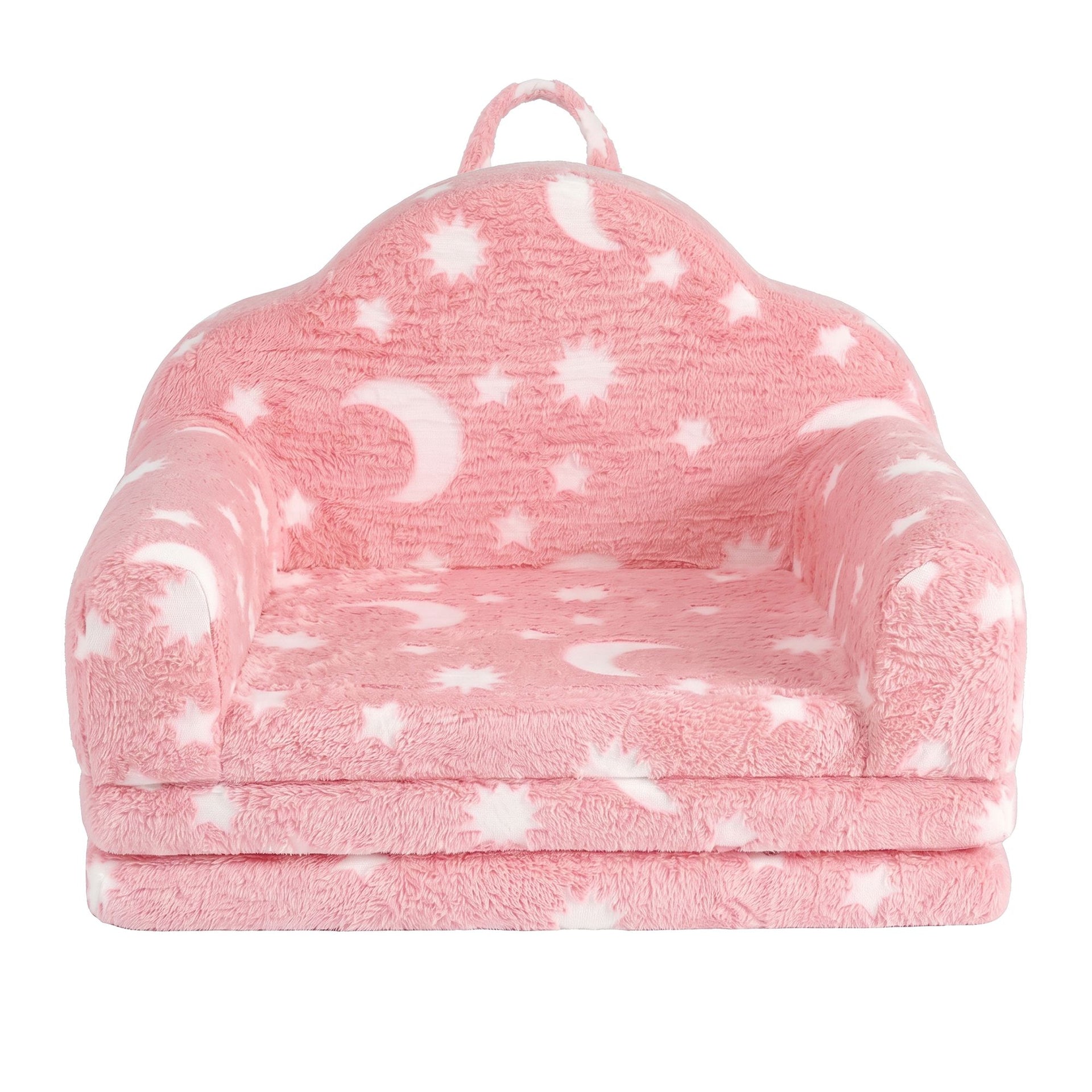 Keezi Kids 2-in-1 Fold Out Sofa Bed with Removable Washable Cover, Carry Handle, Storage Pocket, Glow in the Dark, Pink Awezingly