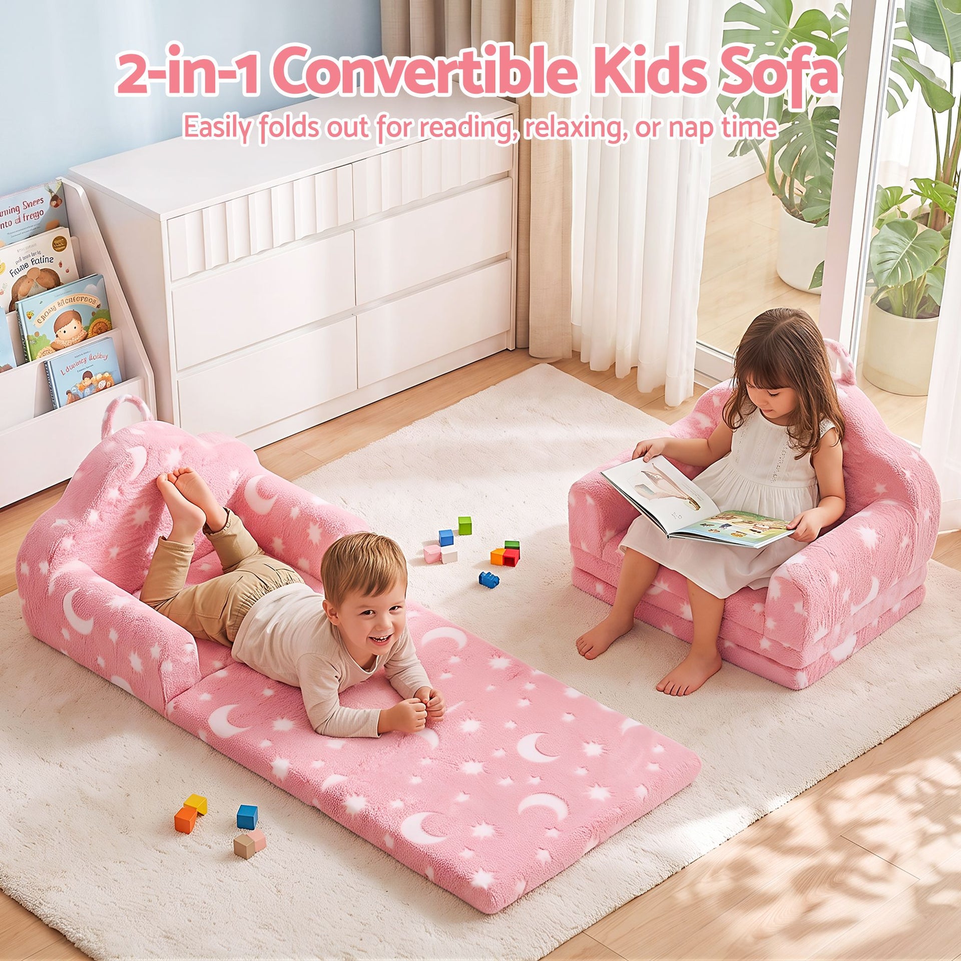 Keezi Kids 2-in-1 Fold Out Sofa Bed with Removable Washable Cover, Carry Handle, Storage Pocket, Glow in the Dark, Pink Awezingly