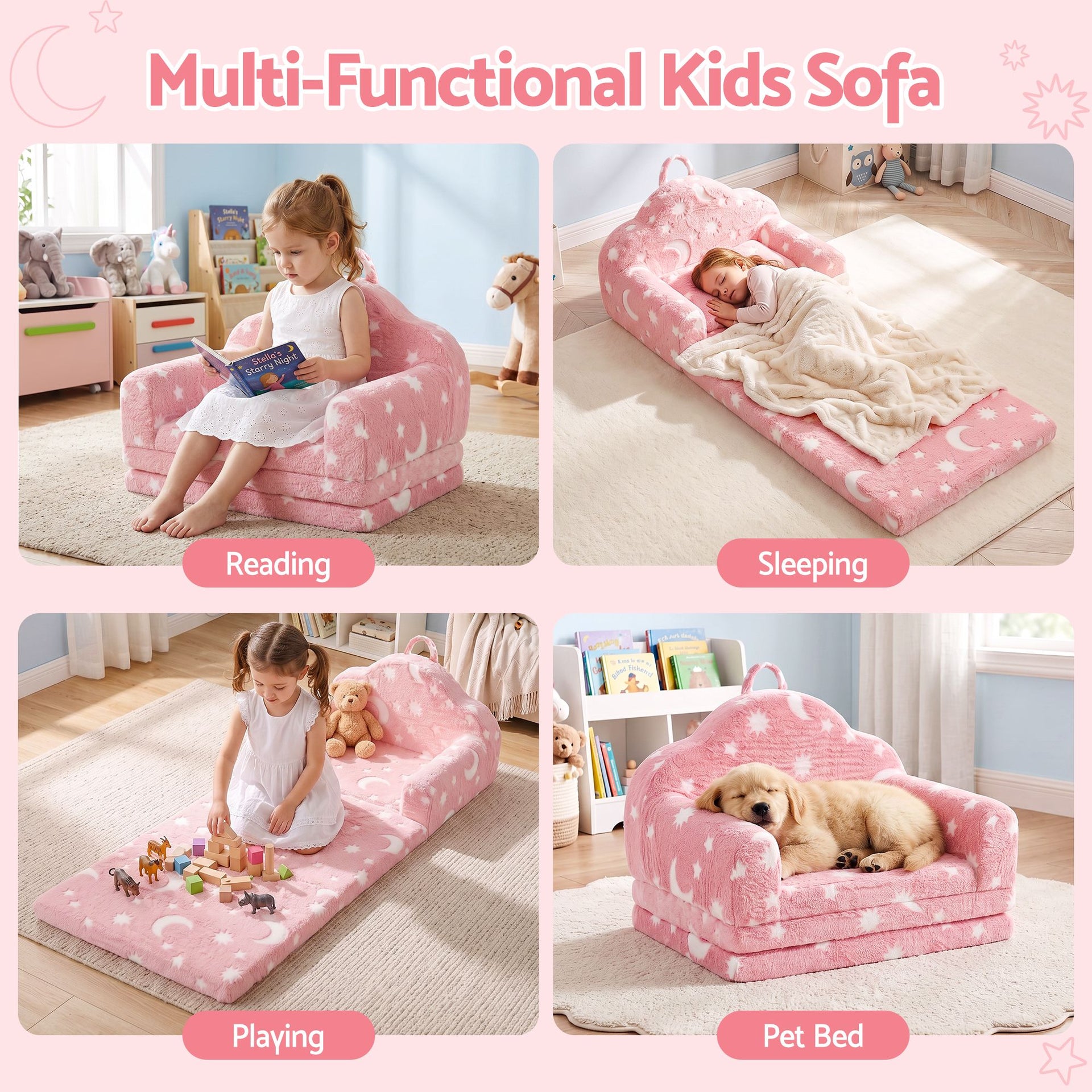Keezi Kids 2-in-1 Fold Out Sofa Bed with Removable Washable Cover, Carry Handle, Storage Pocket, Glow in the Dark, Pink Awezingly