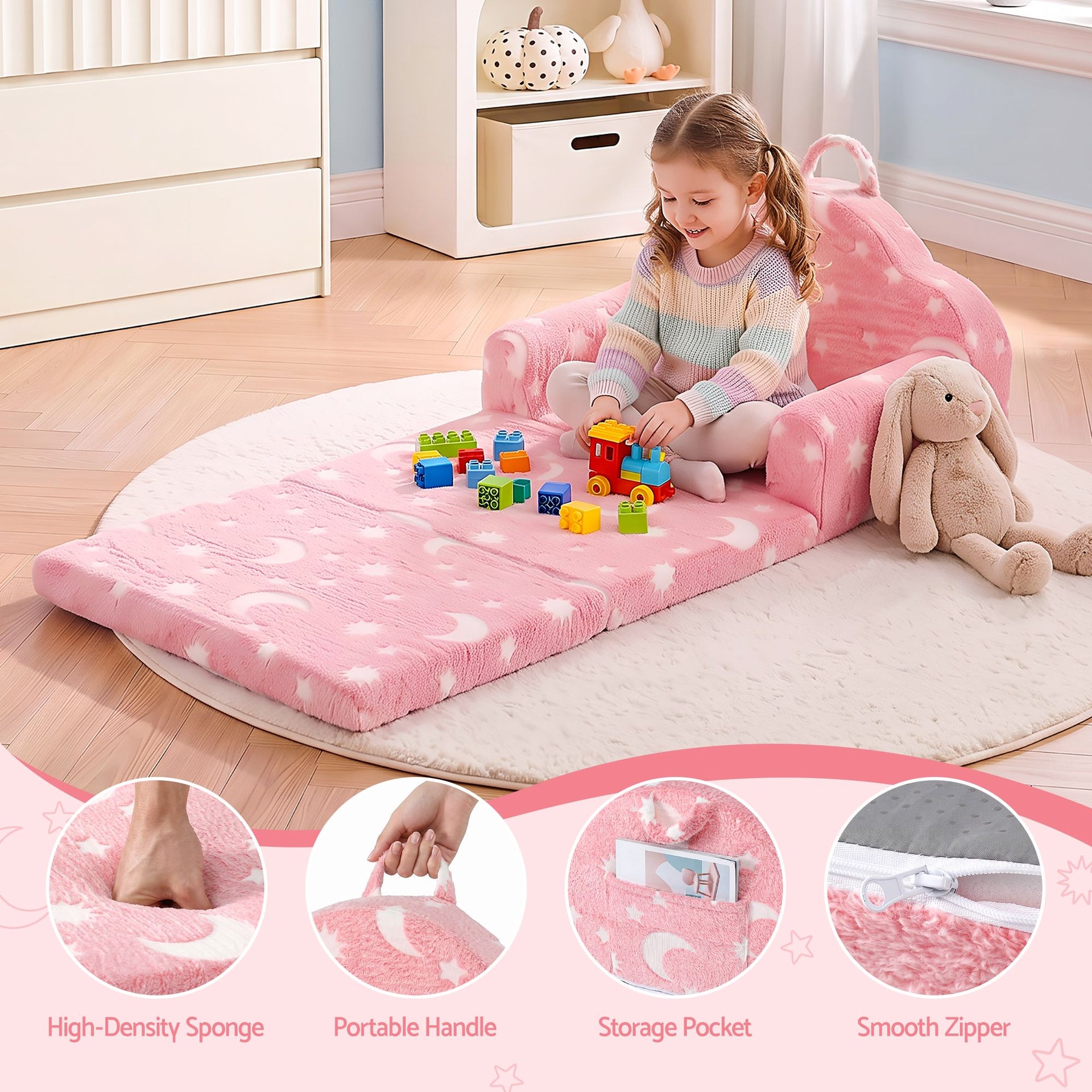 Keezi Kids 2-in-1 Fold Out Sofa Bed with Removable Washable Cover, Carry Handle, Storage Pocket, Glow in the Dark, Pink Awezingly
