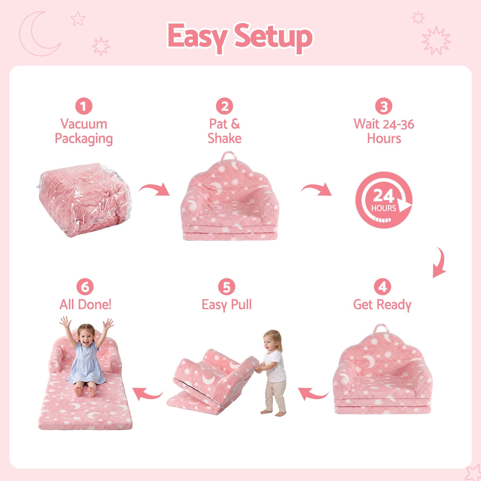 Keezi Kids 2-in-1 Fold Out Sofa Bed with Removable Washable Cover, Carry Handle, Storage Pocket, Glow in the Dark, Pink Awezingly