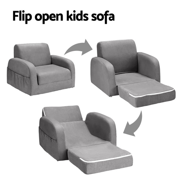 Keezi Kids Sofa 2 Seater Children Flip Open Couch Lounger Armchair Soft Grey Keezi