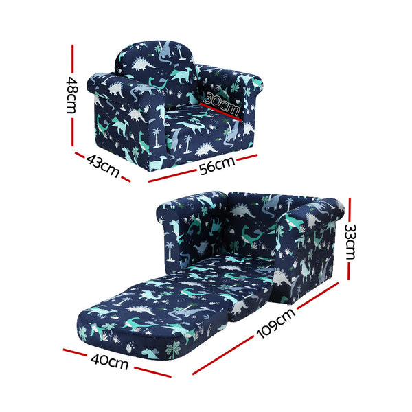Keezi Kids Sofa 2 Seater Children Flip Open Couch Lounger Armchair Dinosaur Navy Keezi