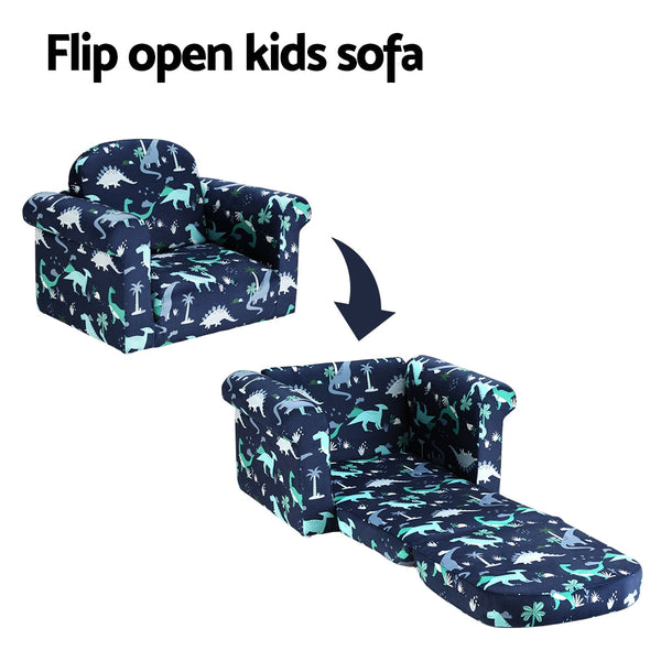 Keezi Kids Sofa 2 Seater Children Flip Open Couch Lounger Armchair Dinosaur Navy Keezi