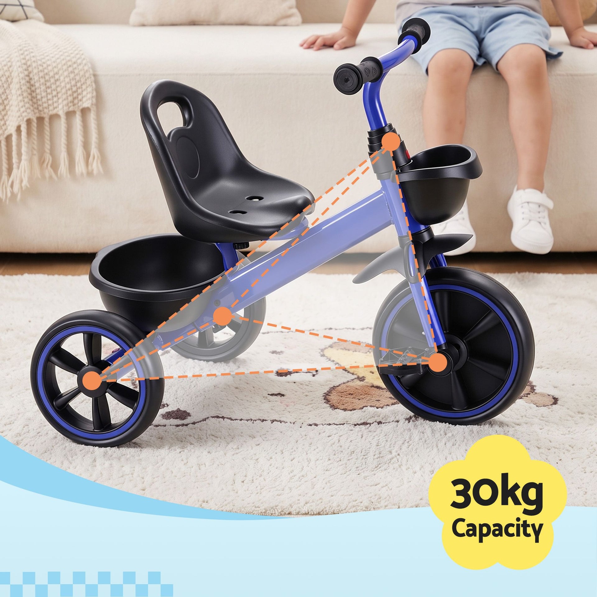 RIGO Tricycle Bike, Kids Bike with 3 wheels, basket Carbon Steel 68cm Blue Awezingly