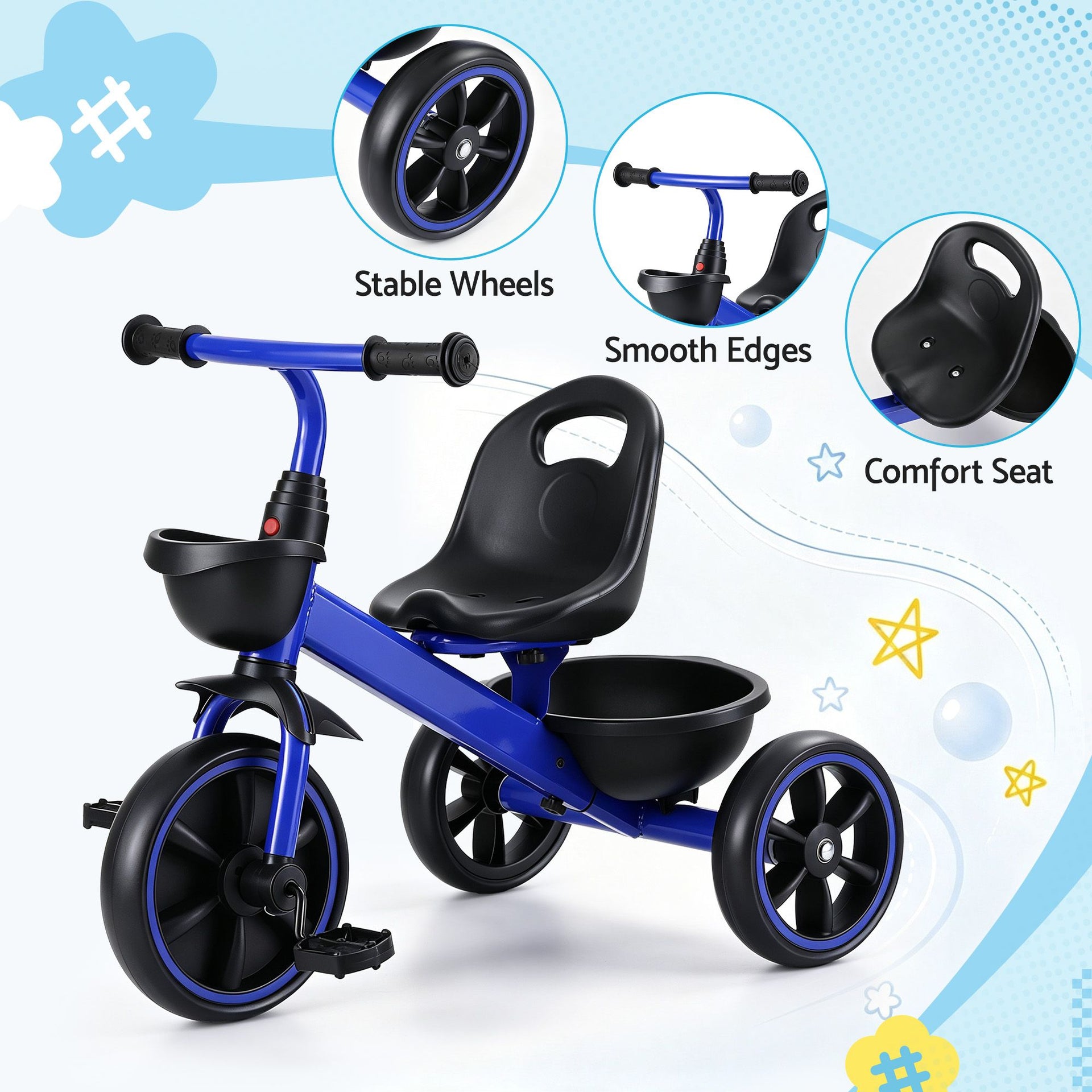 RIGO Tricycle Bike, Kids Bike with 3 wheels, basket Carbon Steel 68cm Blue Awezingly
