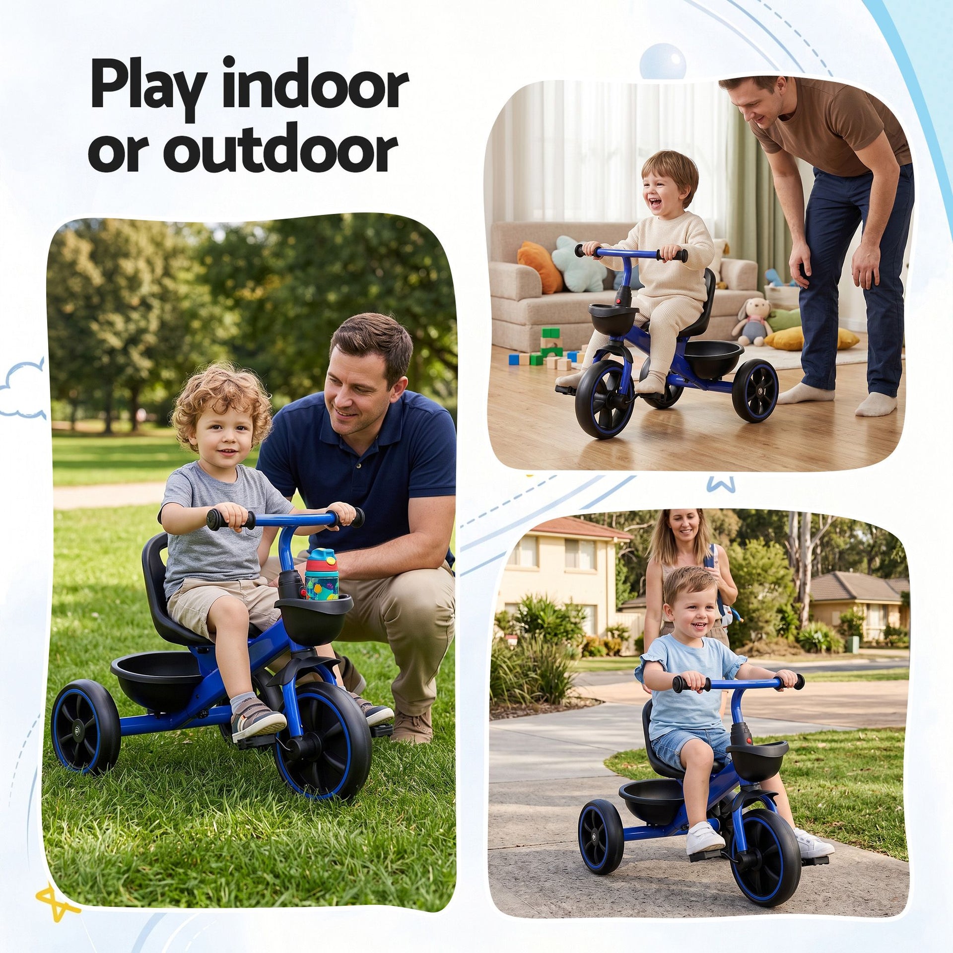 RIGO Tricycle Bike, Kids Bike with 3 wheels, basket Carbon Steel 68cm Blue Awezingly