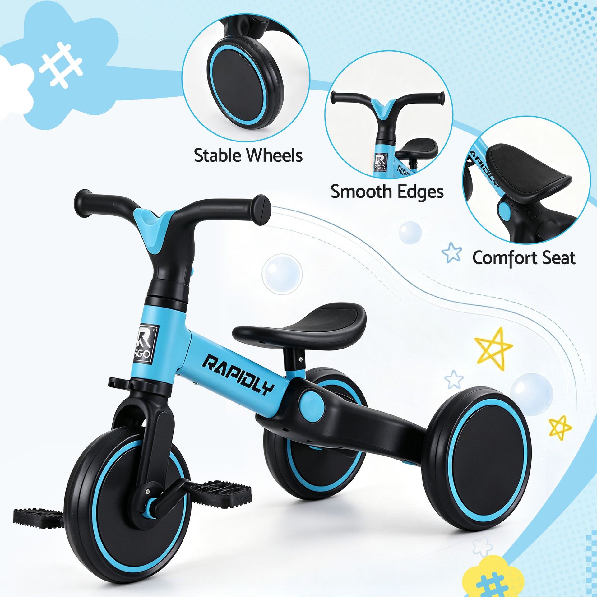 RIGO Tricycle Bike, Kids Bike with 3 wheels, Carbon Steel 70cm Blue Awezingly