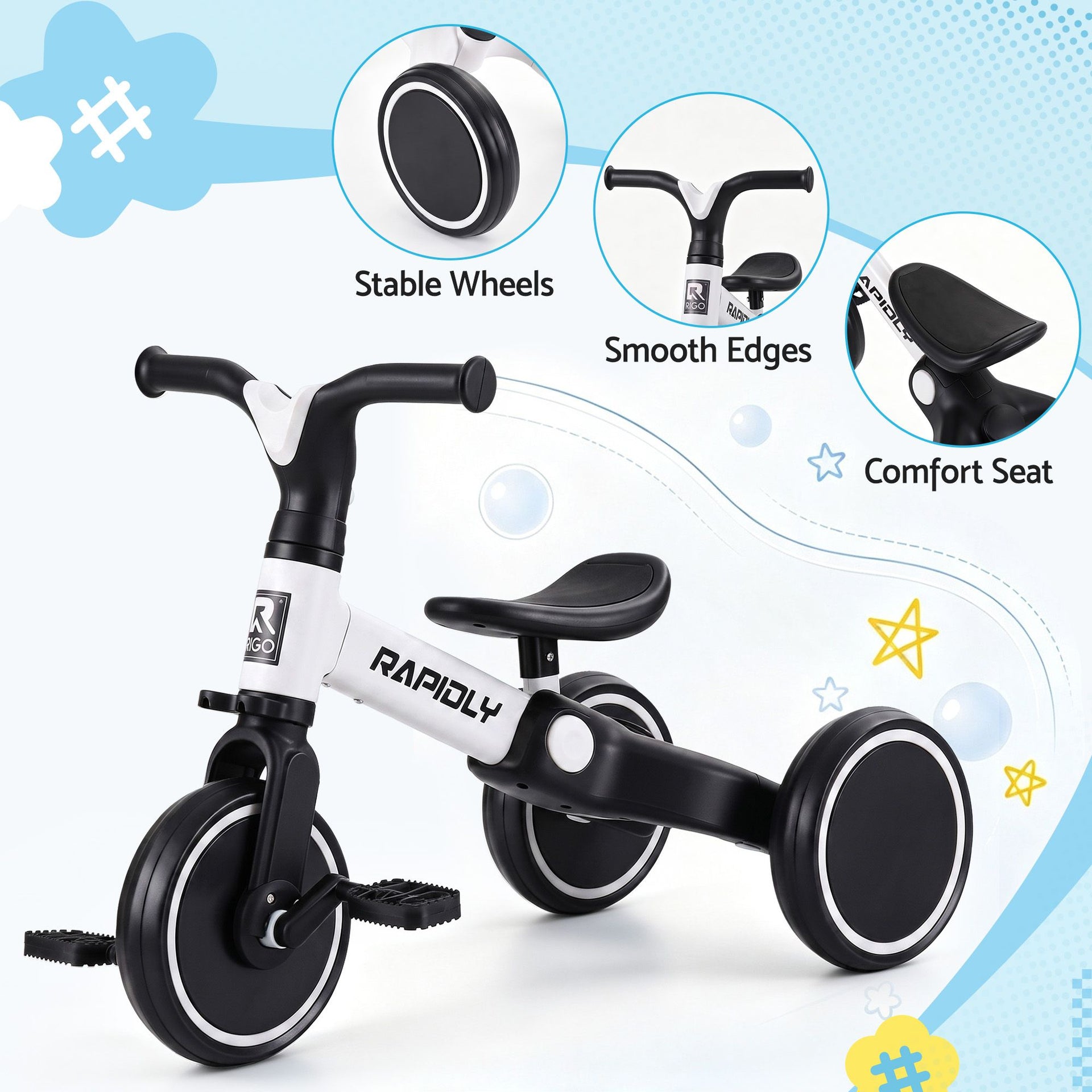 RIGO Tricycle Bike, Kids Bike with 3 wheels, Carbon Steel 70cm White Awezingly