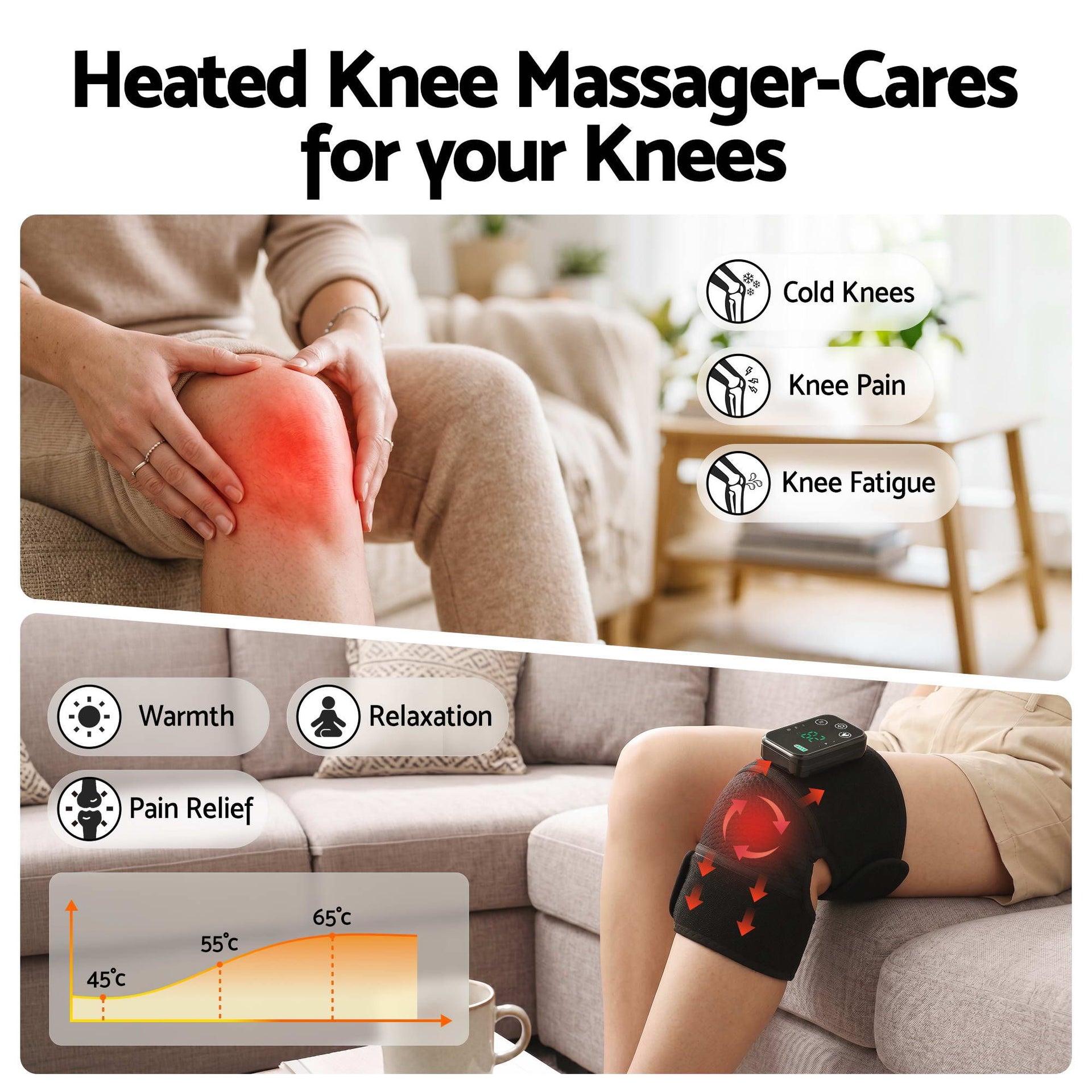 Livemor Knee Massager with Heat, Cordless Heated Knee Massage for Pain Relief with 3 Heating Levels, 3 Vibration Modes,Gentle Lights, Adjustable Straps, 3-in-1, Gift for Men and Women Livemor