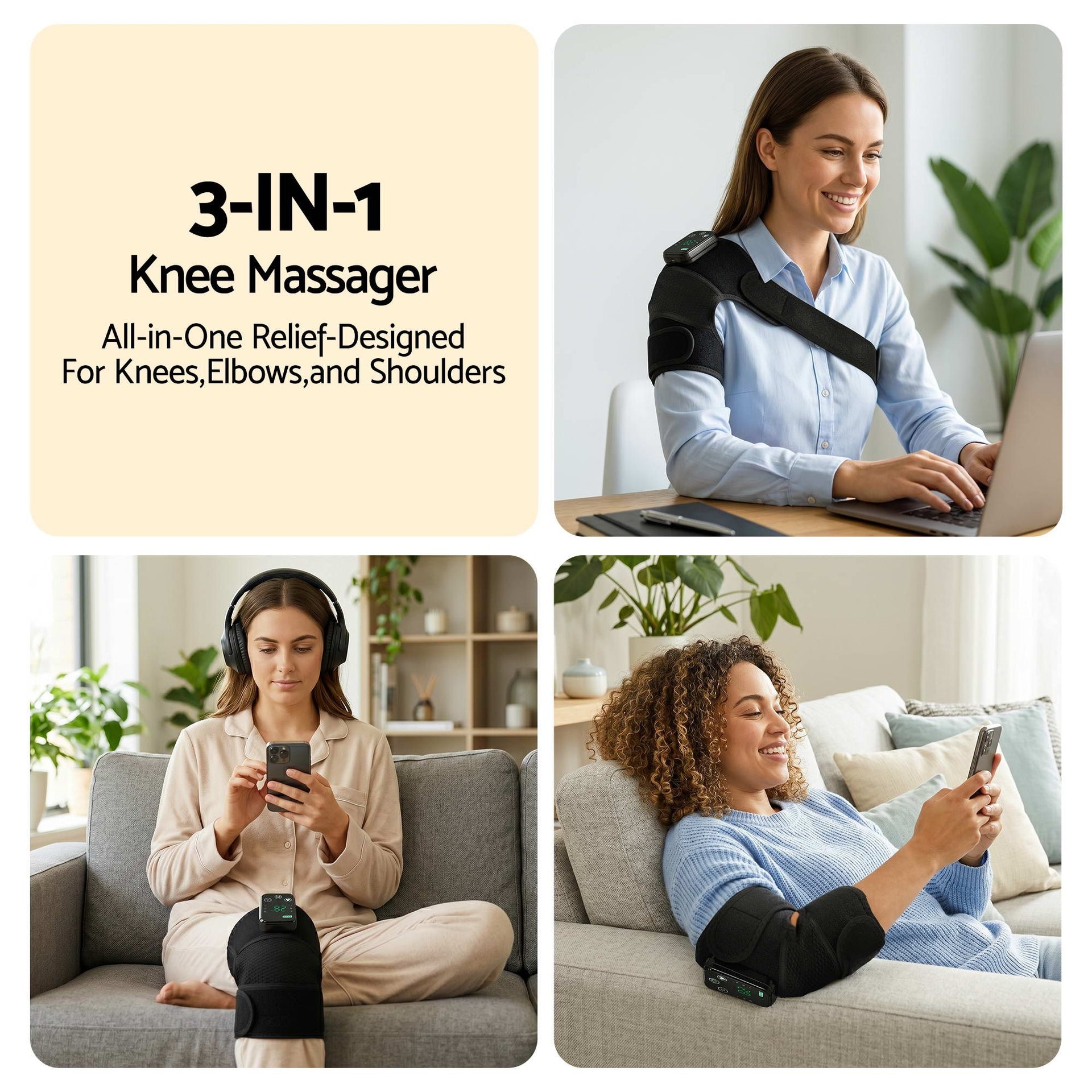 Livemor Knee Massager with Heat (2 Pack), Cordless Heated Knee Massage for Pain Relief with 3 Heating Levels, 3 Vibration Modes, Gentle Lights, Adjustable Straps, 3-in-1, Gift for Men and Women Livemor