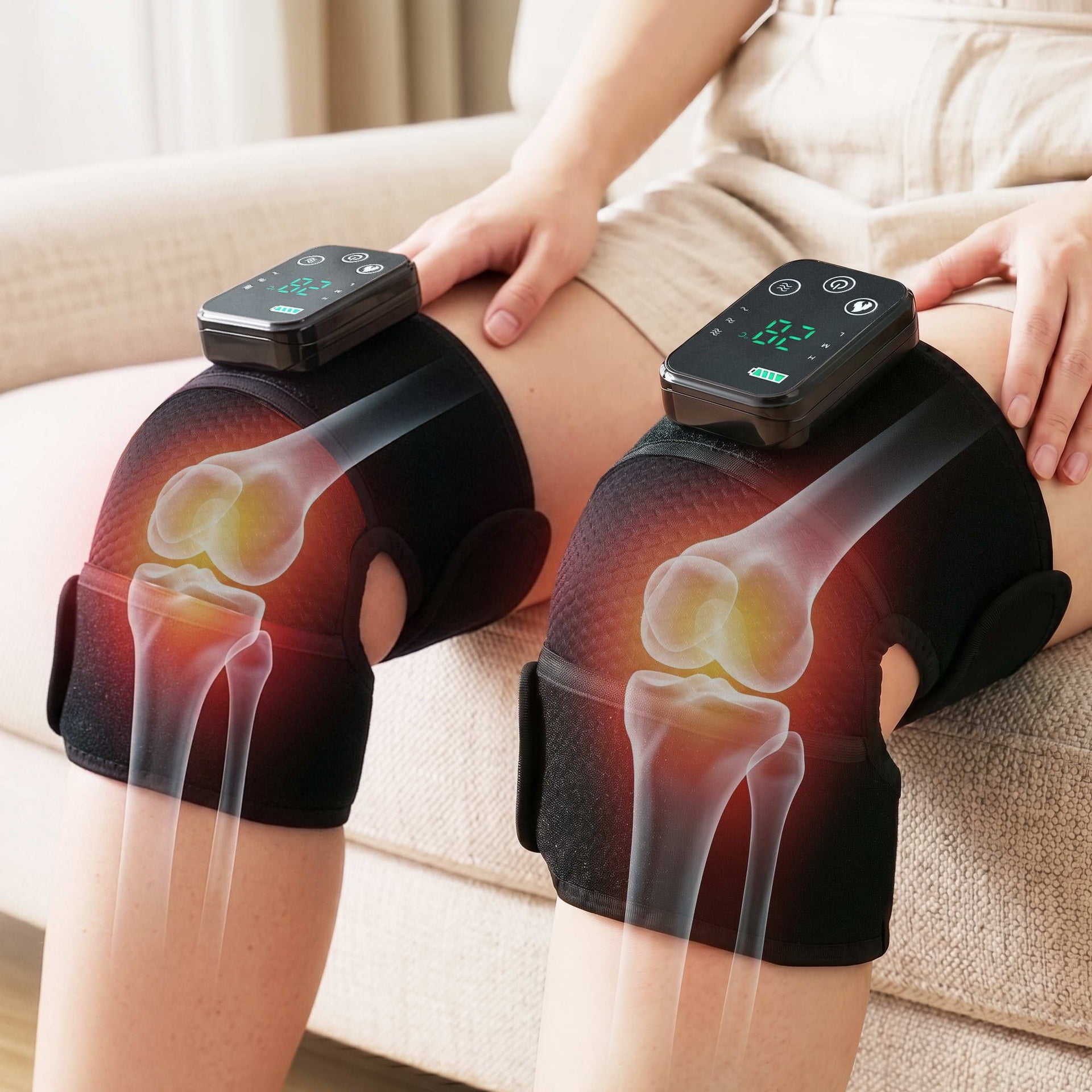 Livemor Knee Massager with Heat (2 Pack), Cordless Heated Knee Massage for Pain Relief with 3 Heating Levels, 3 Vibration Modes, Gentle Lights, Adjustable Straps, 3-in-1, Gift for Men and Women Livemor