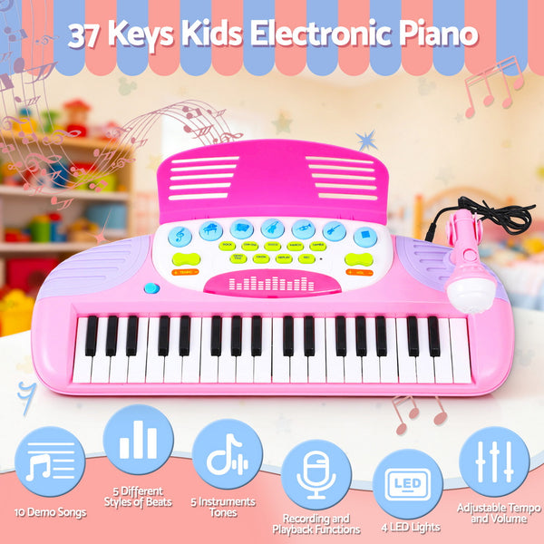 Keezi Kids Piano Keyboard 37 Keys Electronic Musical Instrument Set w/ Stool Microphone Awezingly