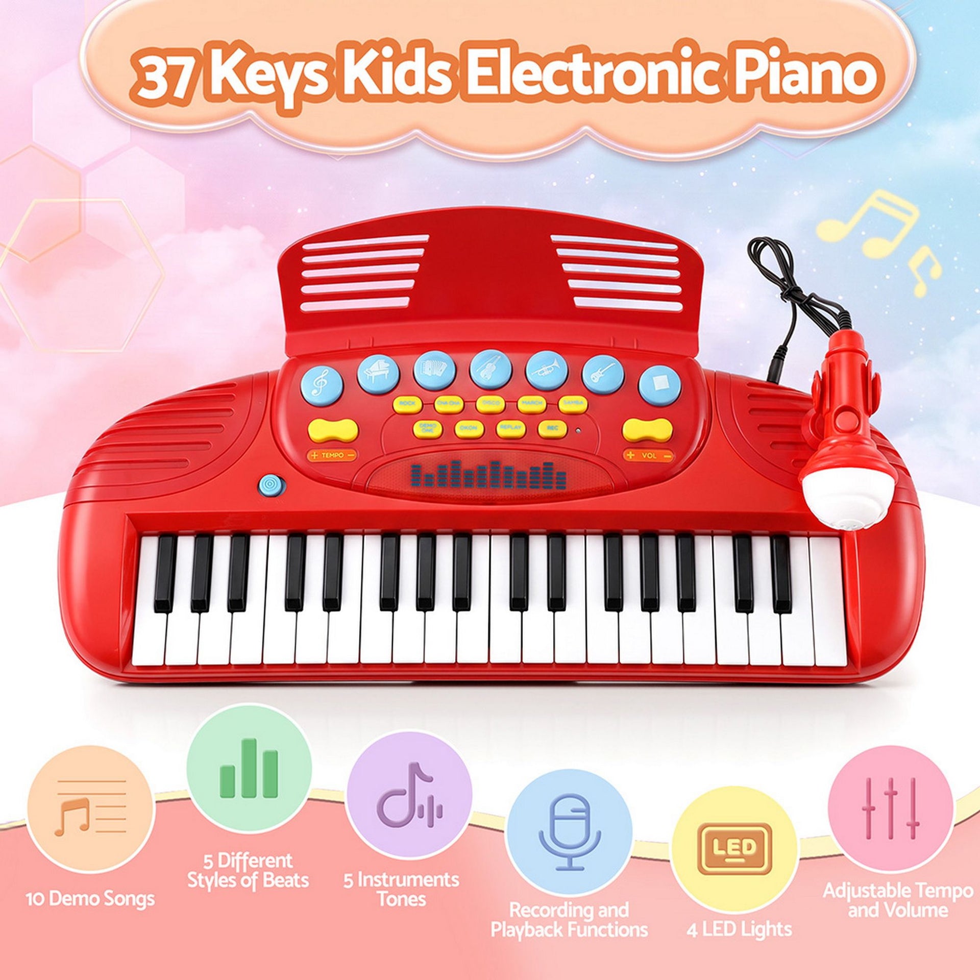 Keezi Kids Piano Keyboard 37 Keys Electronic Musical Instrument Set w/ Stool Microphone Awezingly