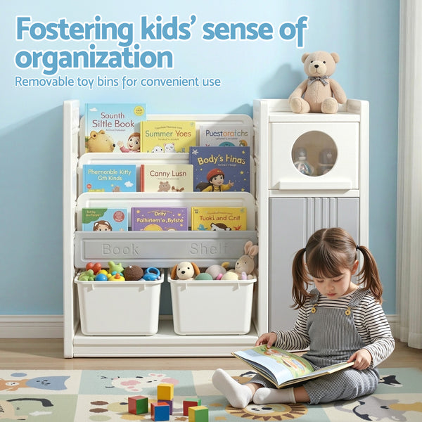 Keezi Kids Bookshelf and Toy Storage Organizer with 3-Tier Bookshelvs, 2 Removable Bins and 2 Storage Cabinets, Toddler Bookshelf with Toy Organizer for Kids' Rooms, Playrooms