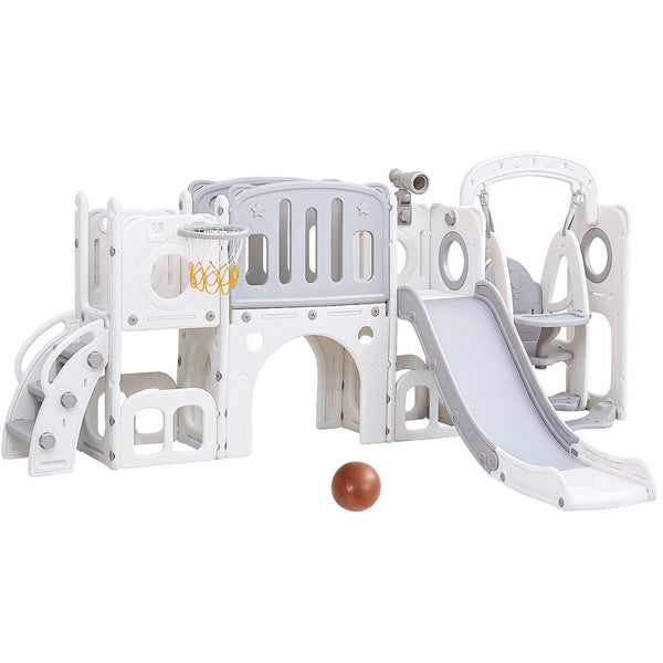 Keezi Kids Slide Swing Set Basketball Hoop Ring Football Outdoor Toys 132cm grey Awezingly