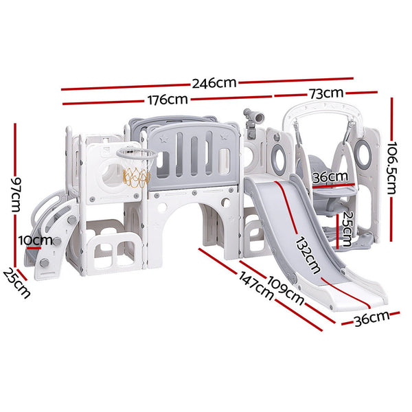 Keezi Kids Slide Swing Set Basketball Hoop Ring Football Outdoor Toys 132cm grey Awezingly