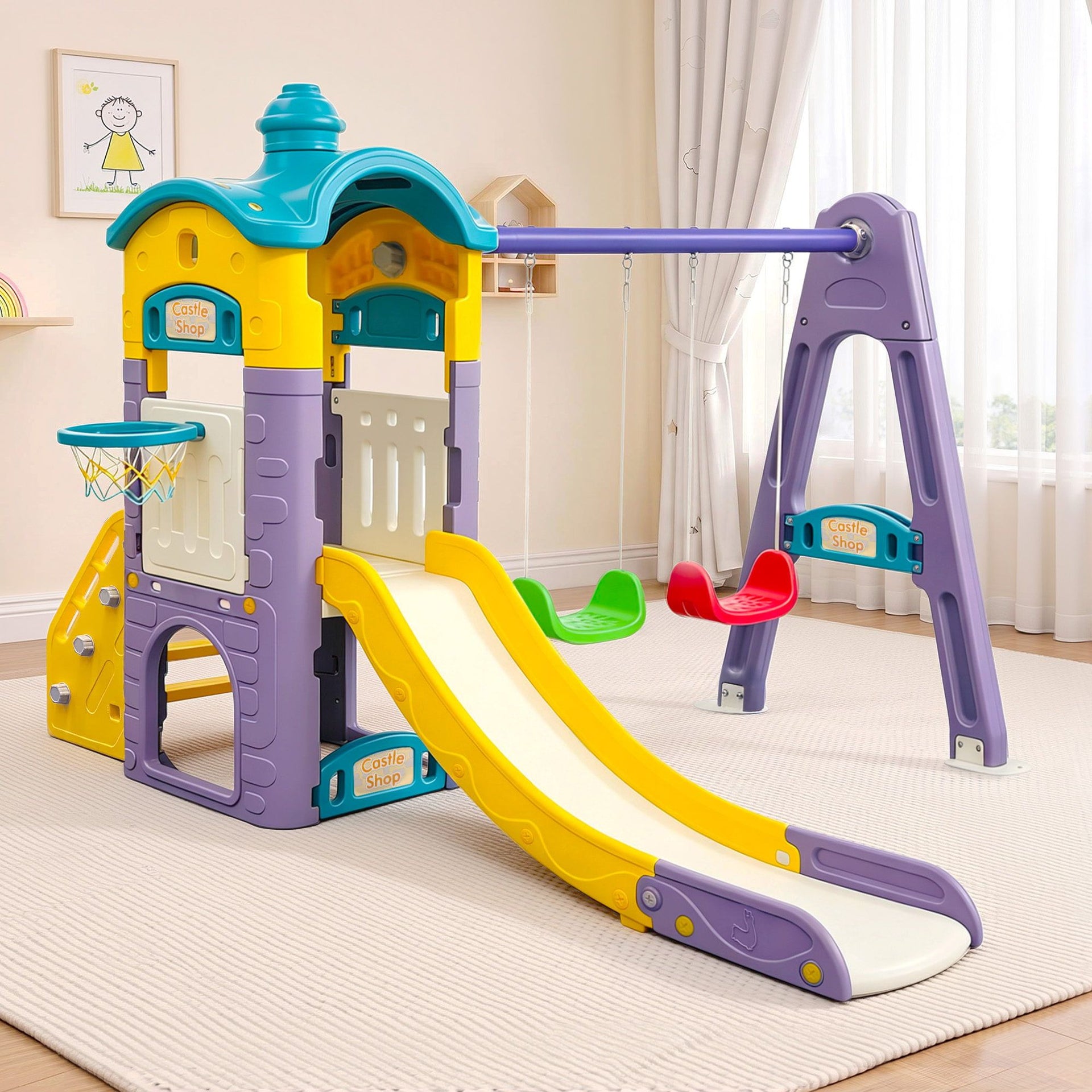 Keezi Kids 4-in-1 Slide Swing Set Double Swing Basketball Hoop Playhouse Awezingly