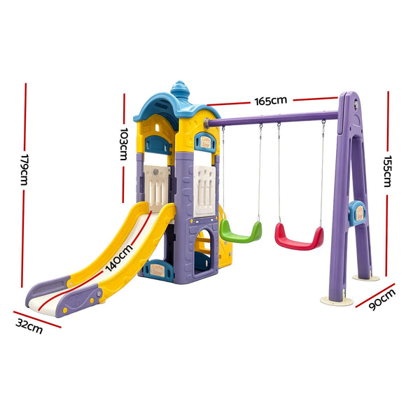 Keezi Kids 4-in-1 Slide Swing Set Double Swing Basketball Hoop Playhouse Awezingly