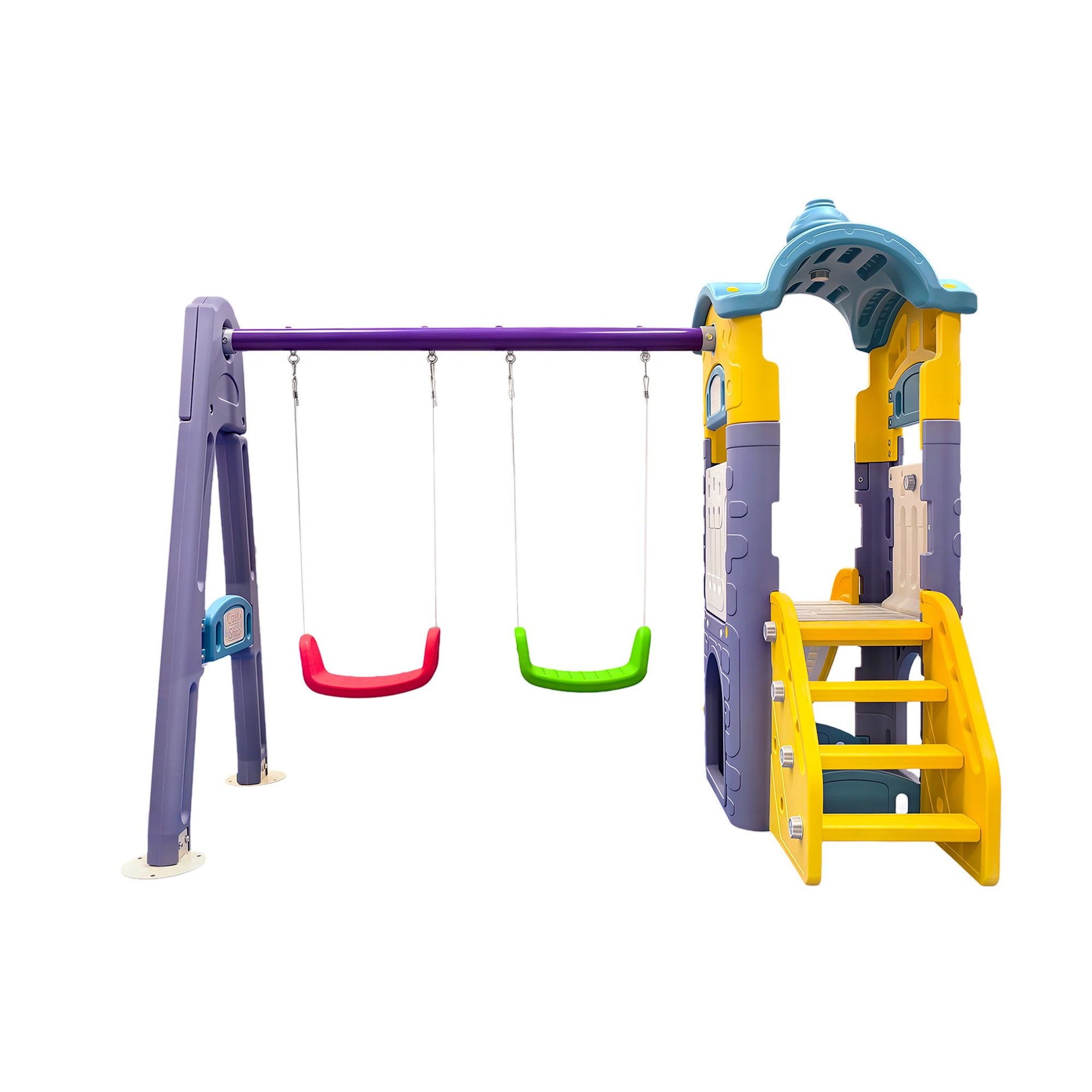 Keezi Kids 4-in-1 Slide Swing Set Double Swing Basketball Hoop Playhouse Awezingly
