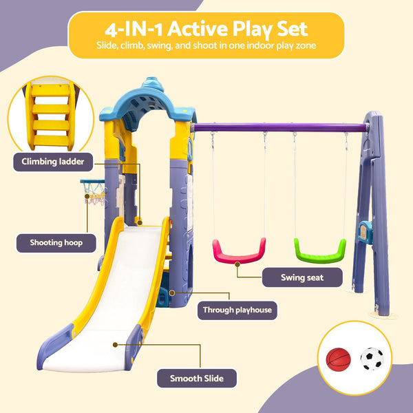 Keezi Kids 4-in-1 Slide Swing Set Double Swing Basketball Hoop Playhouse Awezingly